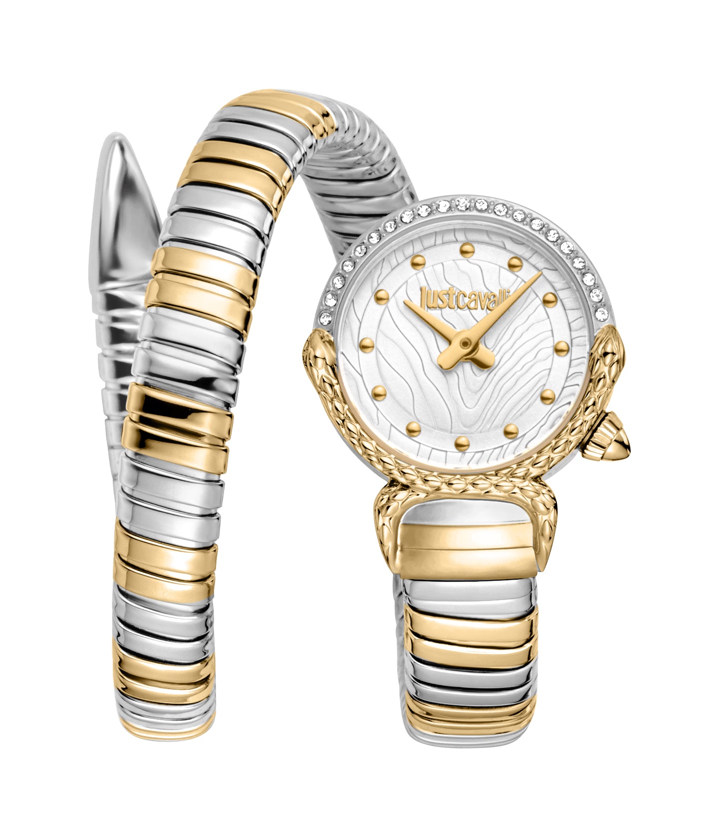Just Cavalli women's watch with a silver-toned and gold-toned snake-inspired coiled bracelet, white textured dial, and crysta