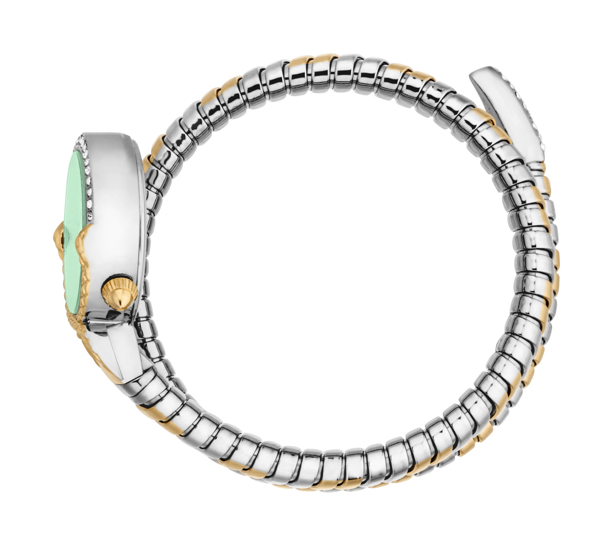 Silver and gold-toned coiled snake watch with an oval light green dial, crystal-studded bezel, and gold-toned crown.