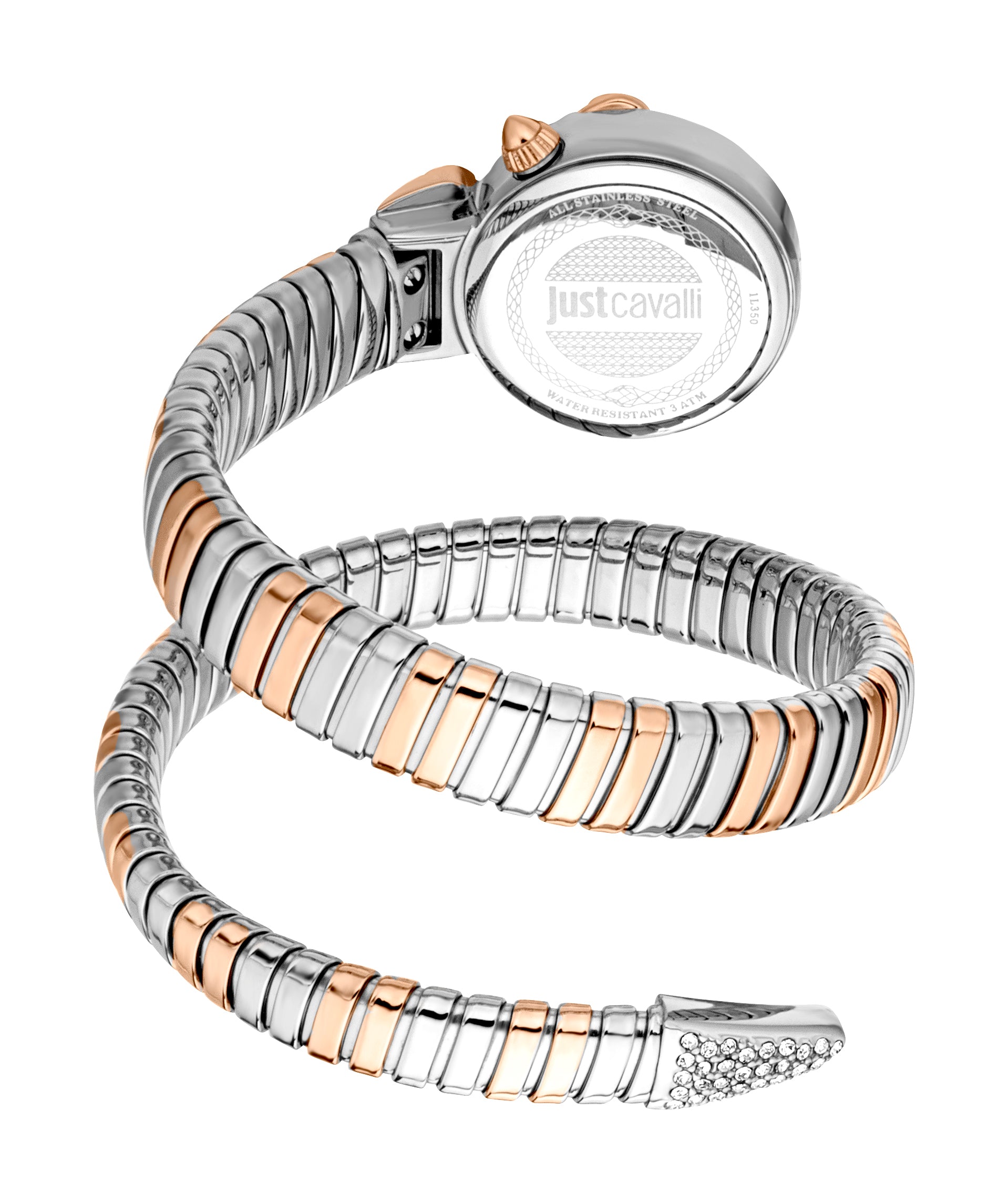 Silver-toned and rose-gold toned coiled watch with alternating segments, a silver-toned case, rose-gold toned crown, and a cr