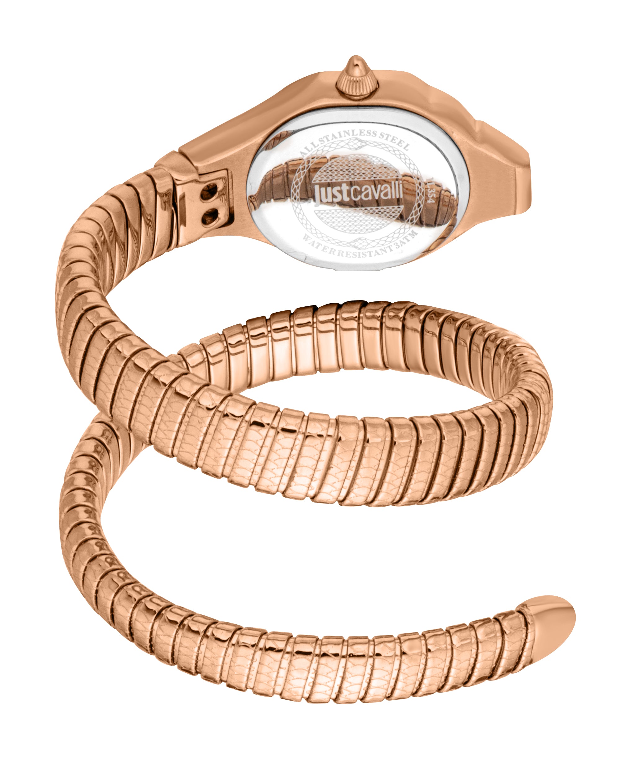 Rose gold-toned watch with a coiled snake-style bracelet, textured with scales. Case back shows 'justcavalli' logo.