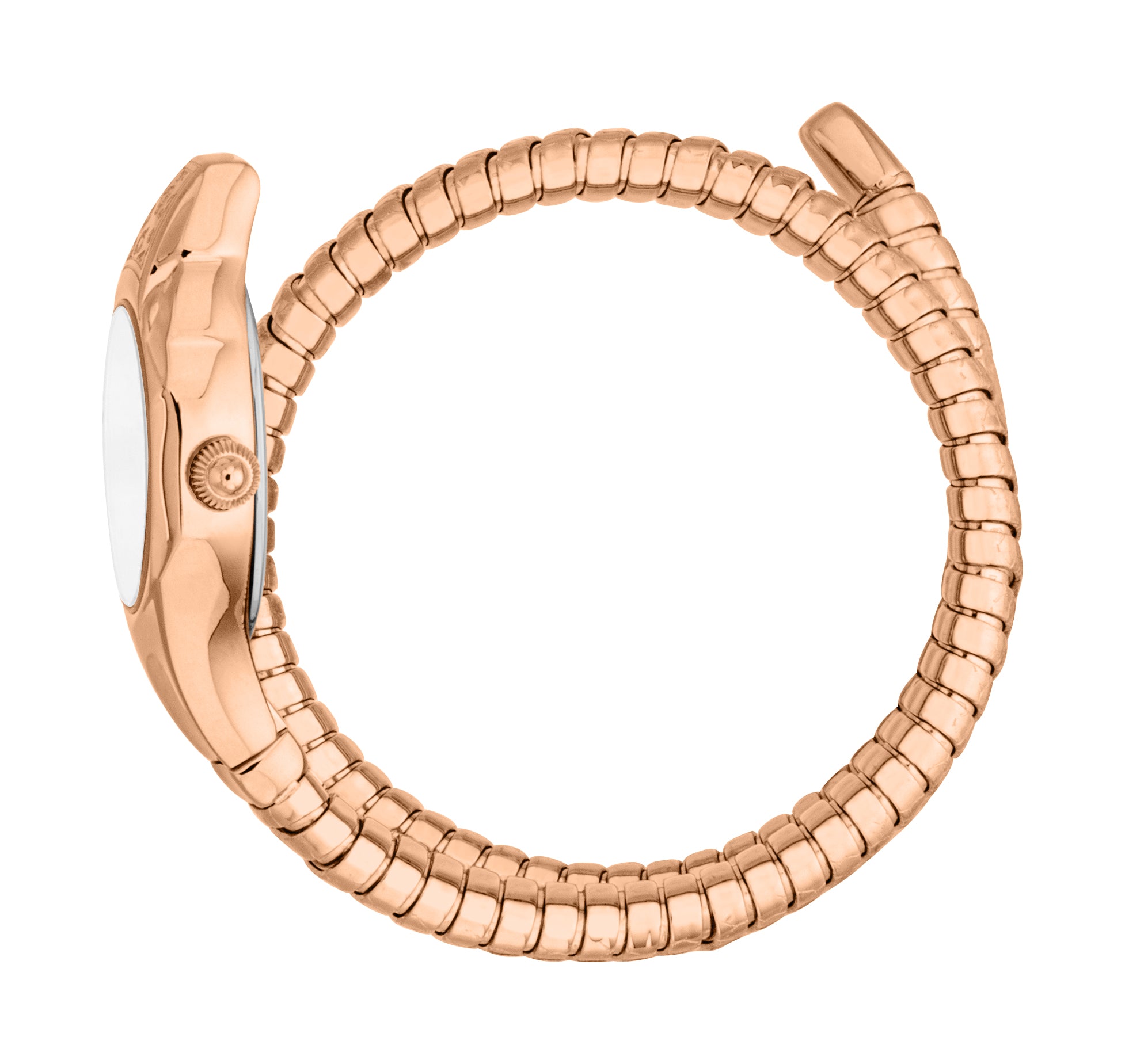 Rose gold-toned watch with a white oval dial and a flexible, snake-like band made of rectangular links, forming an open cuff.