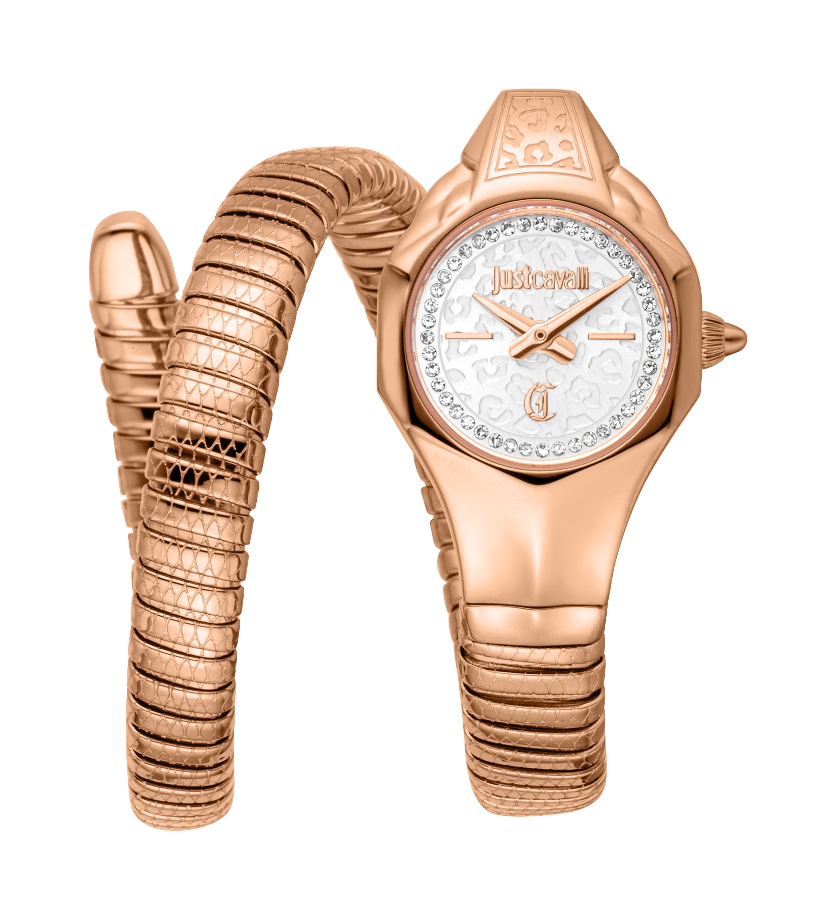 Rose gold-toned JUST CAVALLI women's watch with a coiled snake-like bracelet and crystal-set bezel.