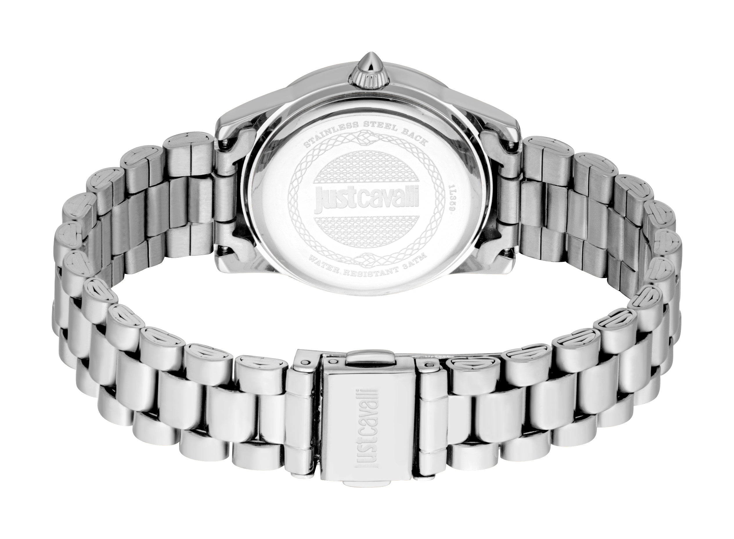 Back view of a silver-toned watch with a stainless steel link bracelet. The case back is engraved with 'justcavalli' and a sn