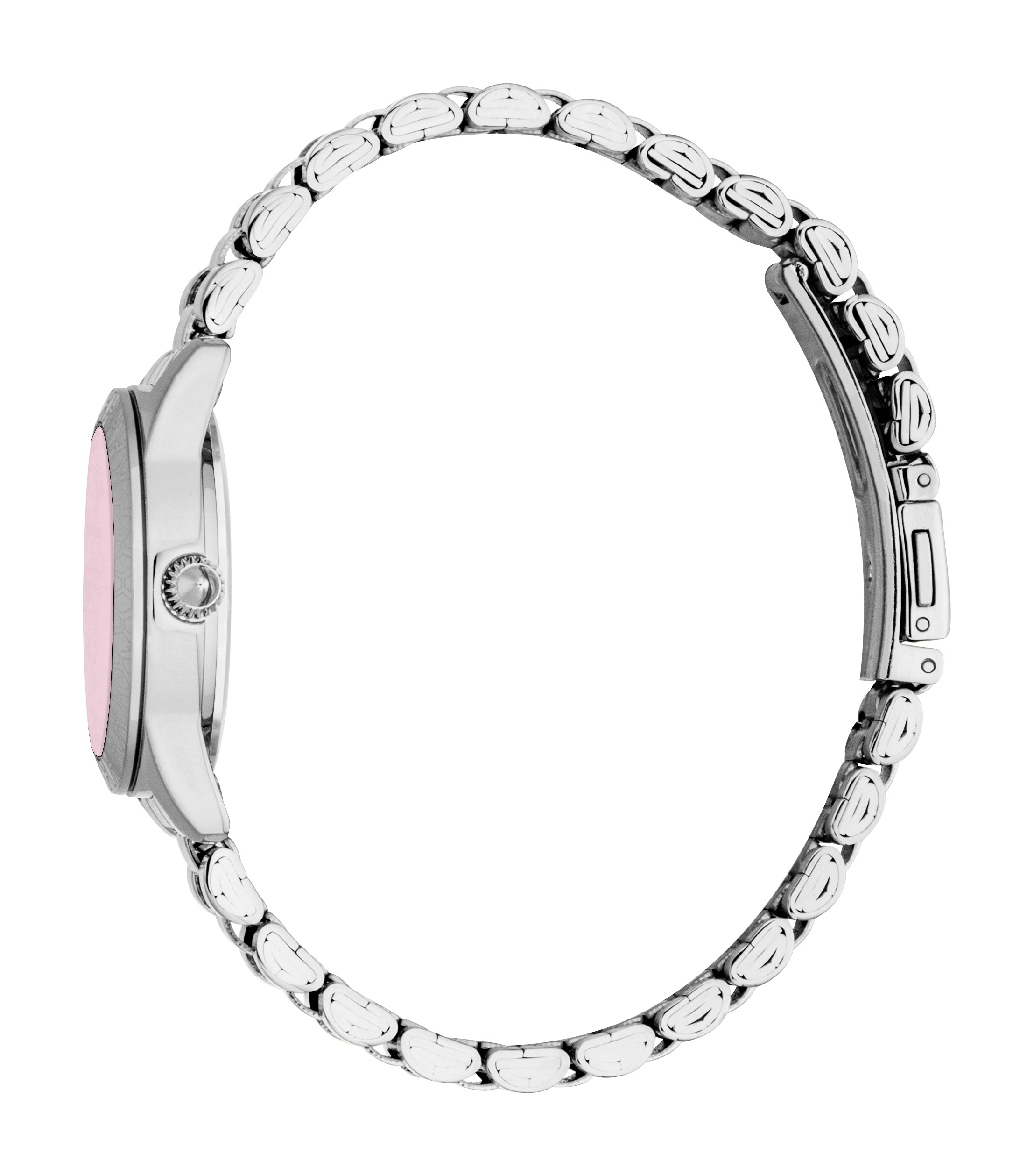 Silver-toned watch with a light pink dial, a textured crown, and a stainless steel bracelet with small, rounded links.
