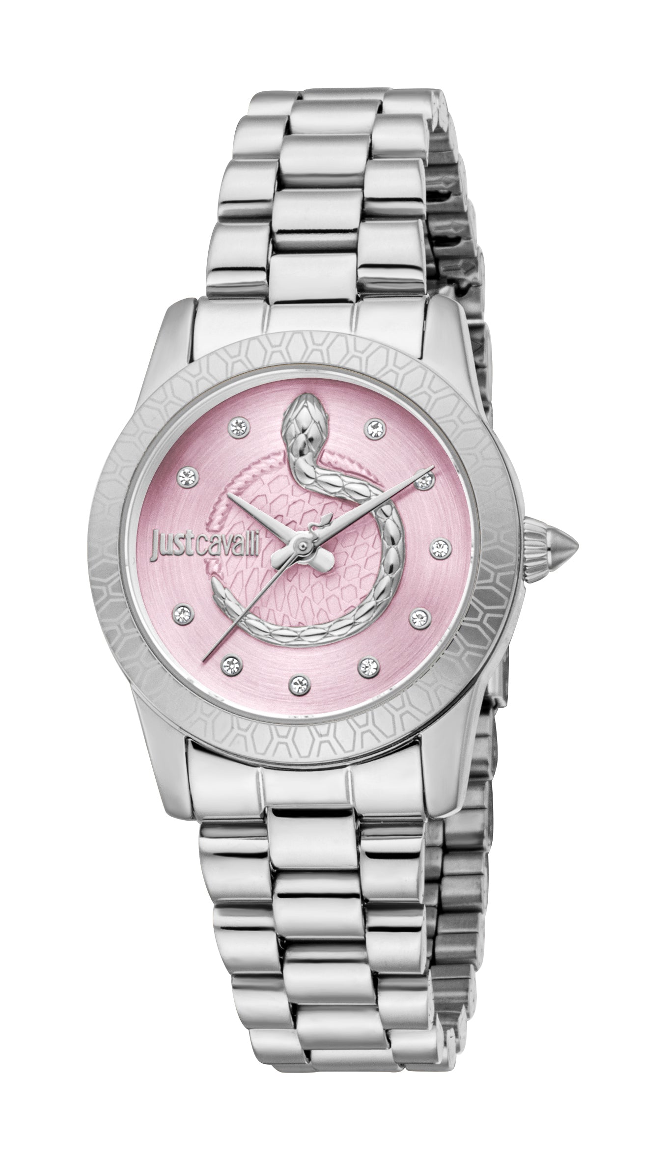 Just Cavalli women's watch with a silver-coloured stainless steel case and link bracelet, light pink dial, and coiled snake m