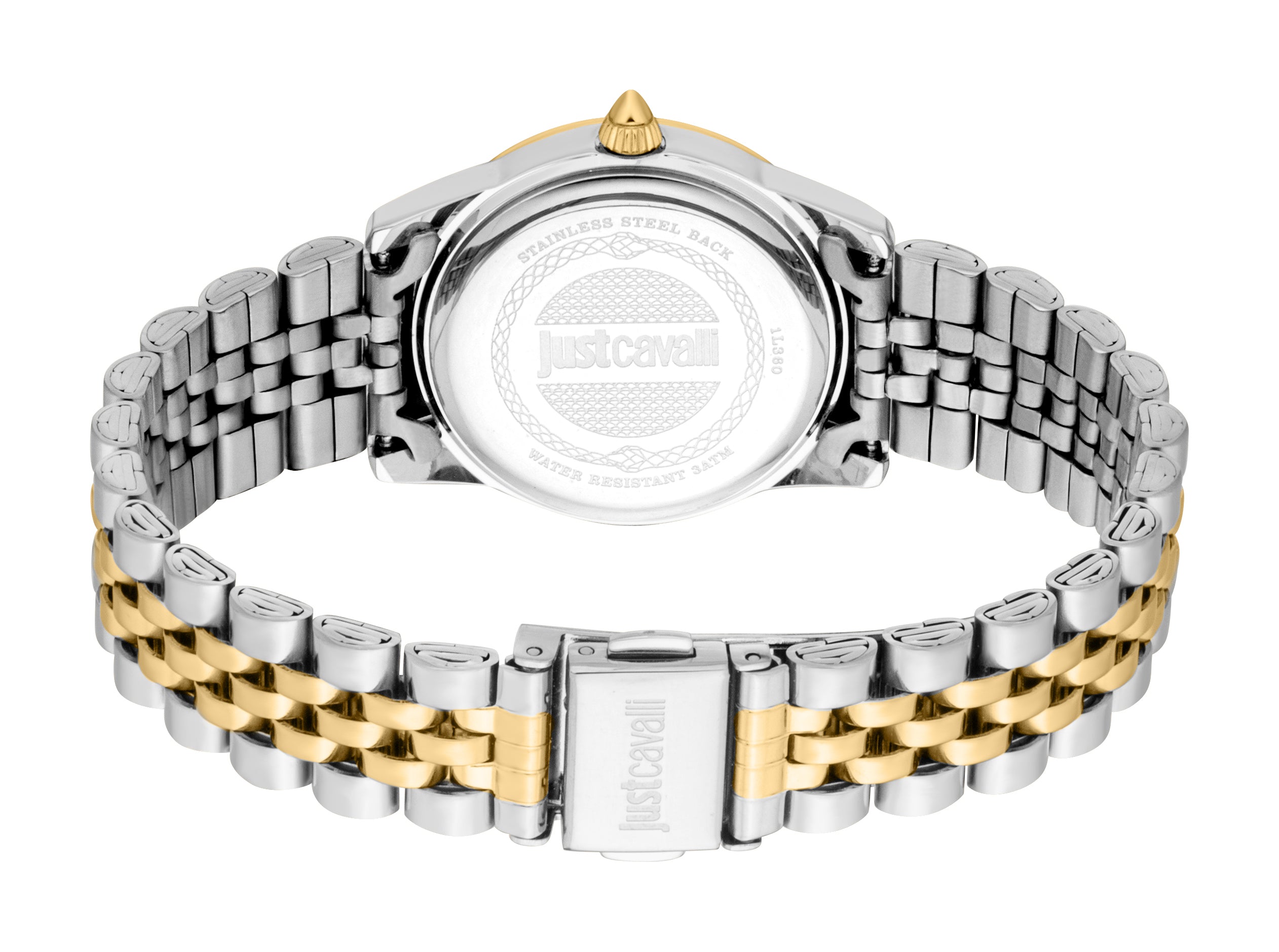 Two-tone watch with silver-toned case back and clasp, gold-toned crown, and a bracelet with alternating silver-toned and gold