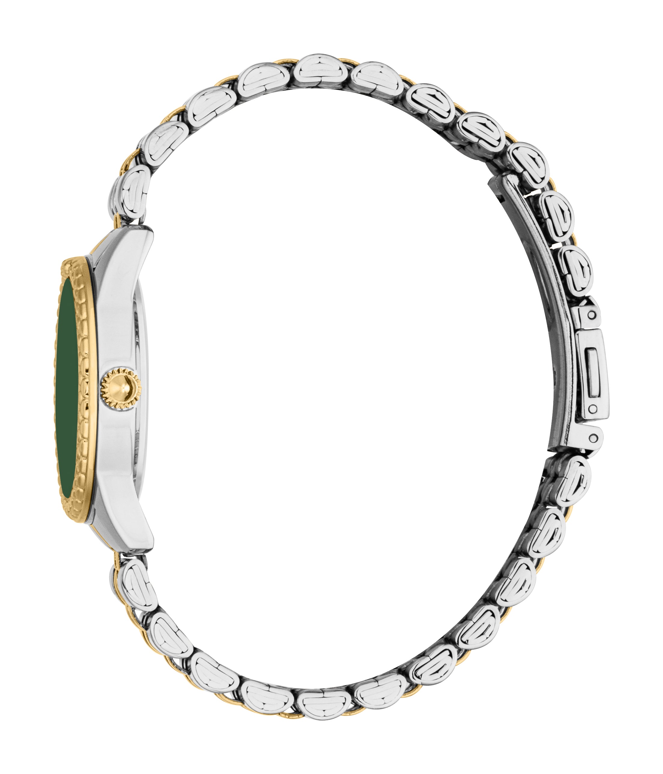 Two-tone watch with a silver-toned case, gold-toned ridged bezel, dark green dial, and gold-toned crown. The bracelet feature