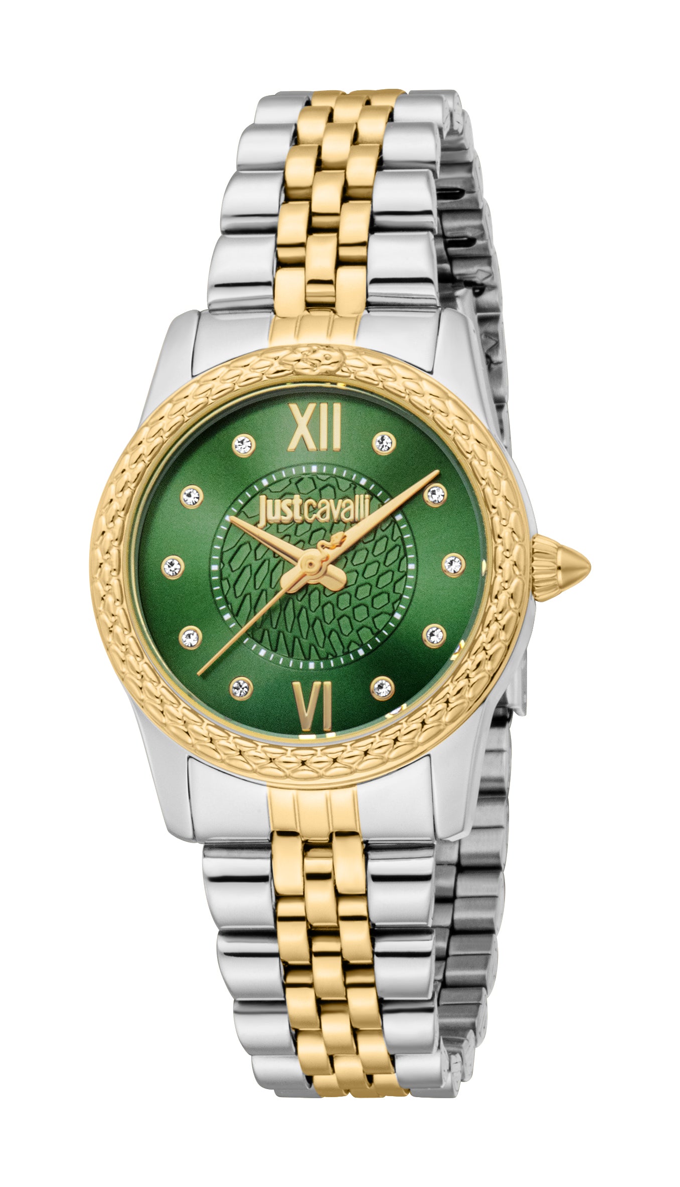 Just Cavalli women's watch with a silver and gold-toned case, dark green dial with snake-skin pattern, and two-tone metal bra