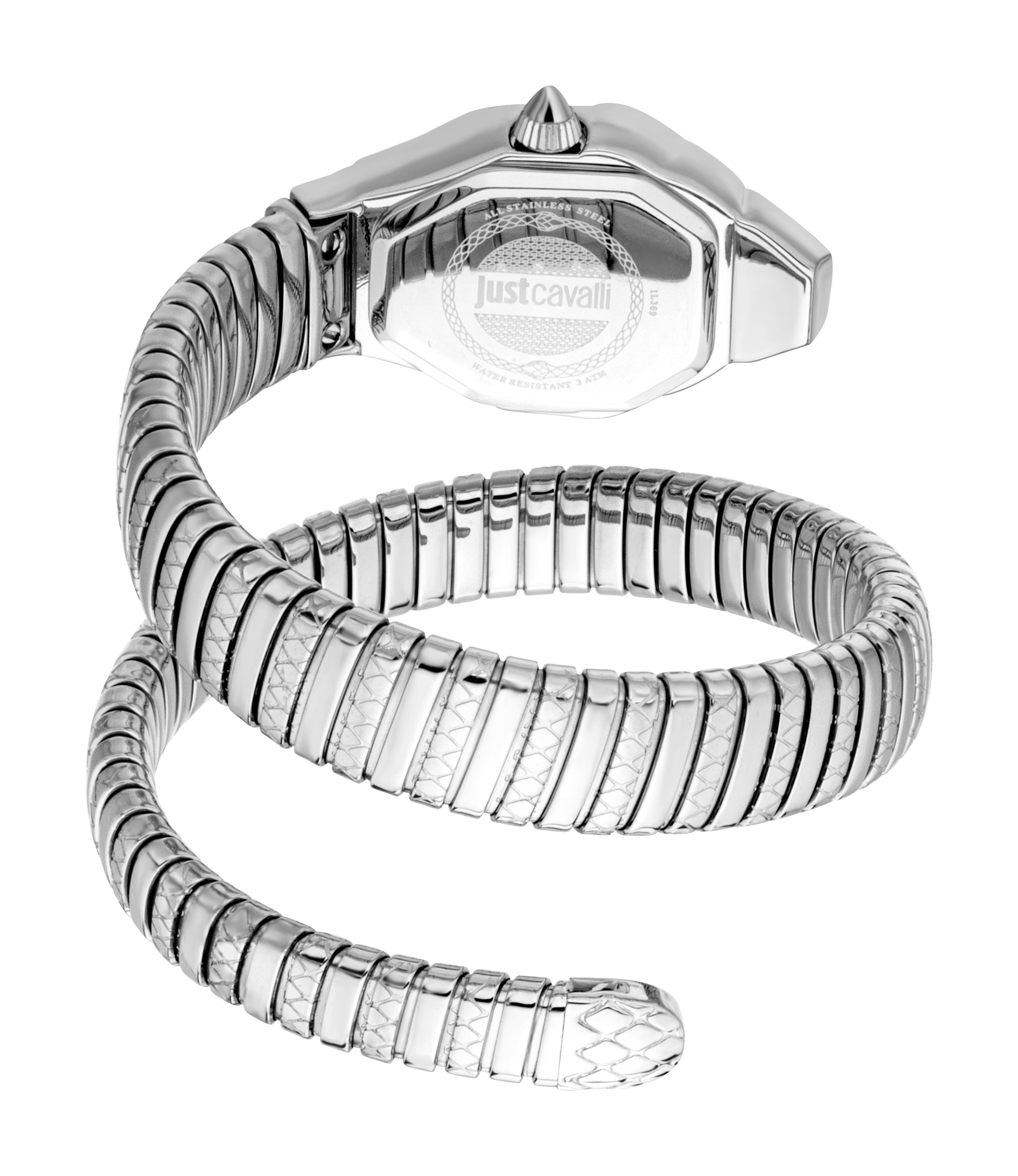 Silver-toned stainless steel watch. Coiled snake bracelet with smooth and textured segments, ending in a snake head.
