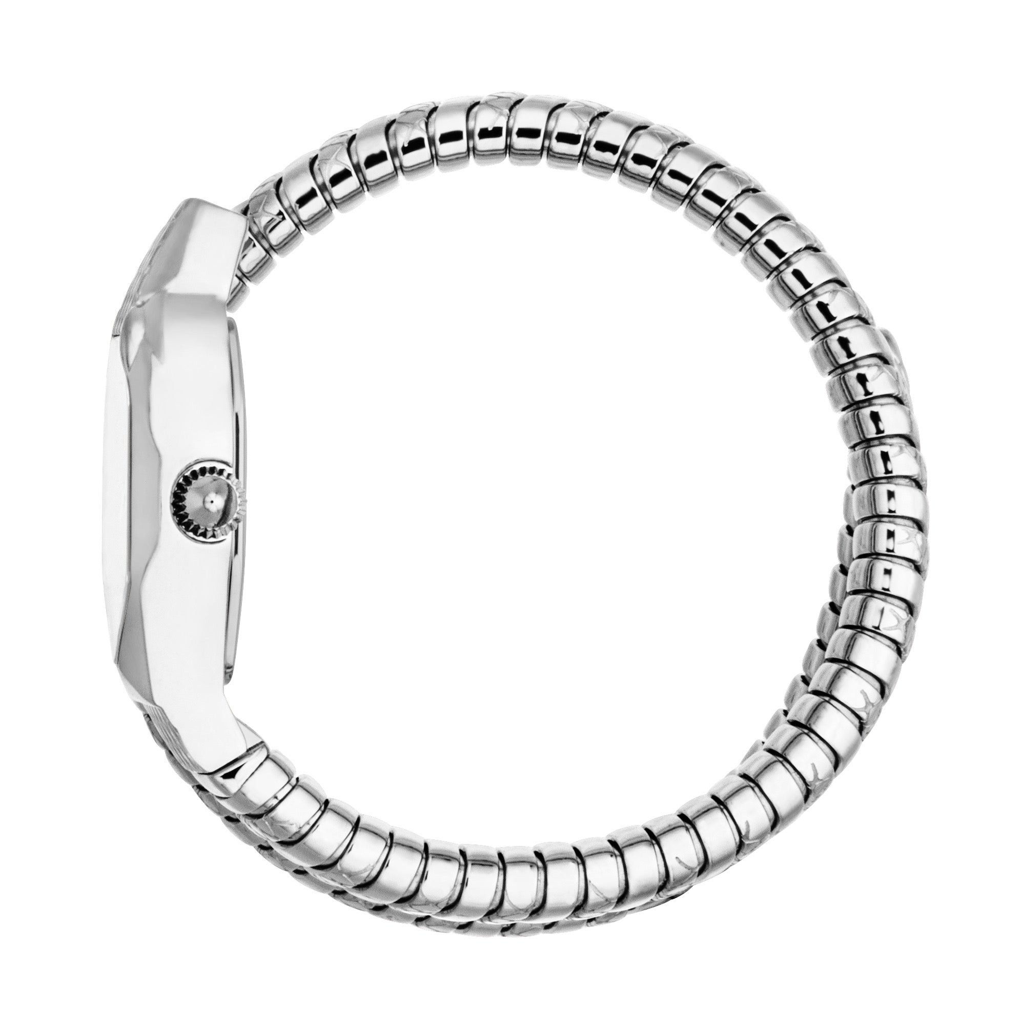 Silver-toned watch with a round case and a textured crown. The bracelet is a flexible, coiled, snake-like design made of smal