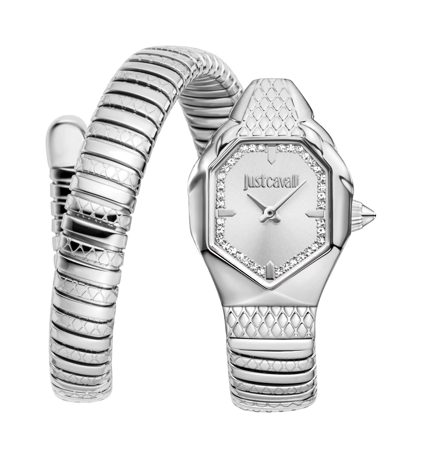 Silver-toned Just Cavalli women's watch with a coiled stainless steel bracelet, octagonal case, and crystal-embellished silve