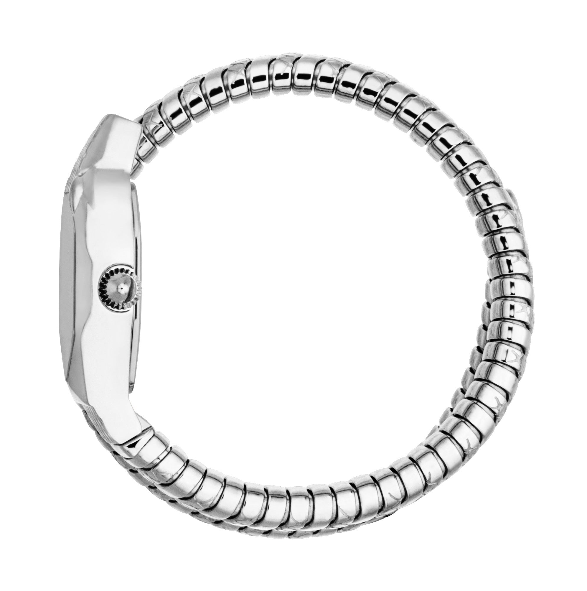 Silver-toned women's watch with a polished case and a flexible, snake-chain style bracelet made of rounded links.