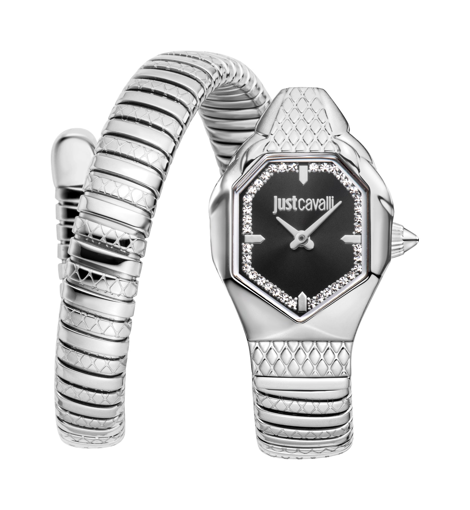 Silver-toned Just Cavalli women's watch with a black octagonal dial, stone-set bezel, and flexible serpent-style bracelet.