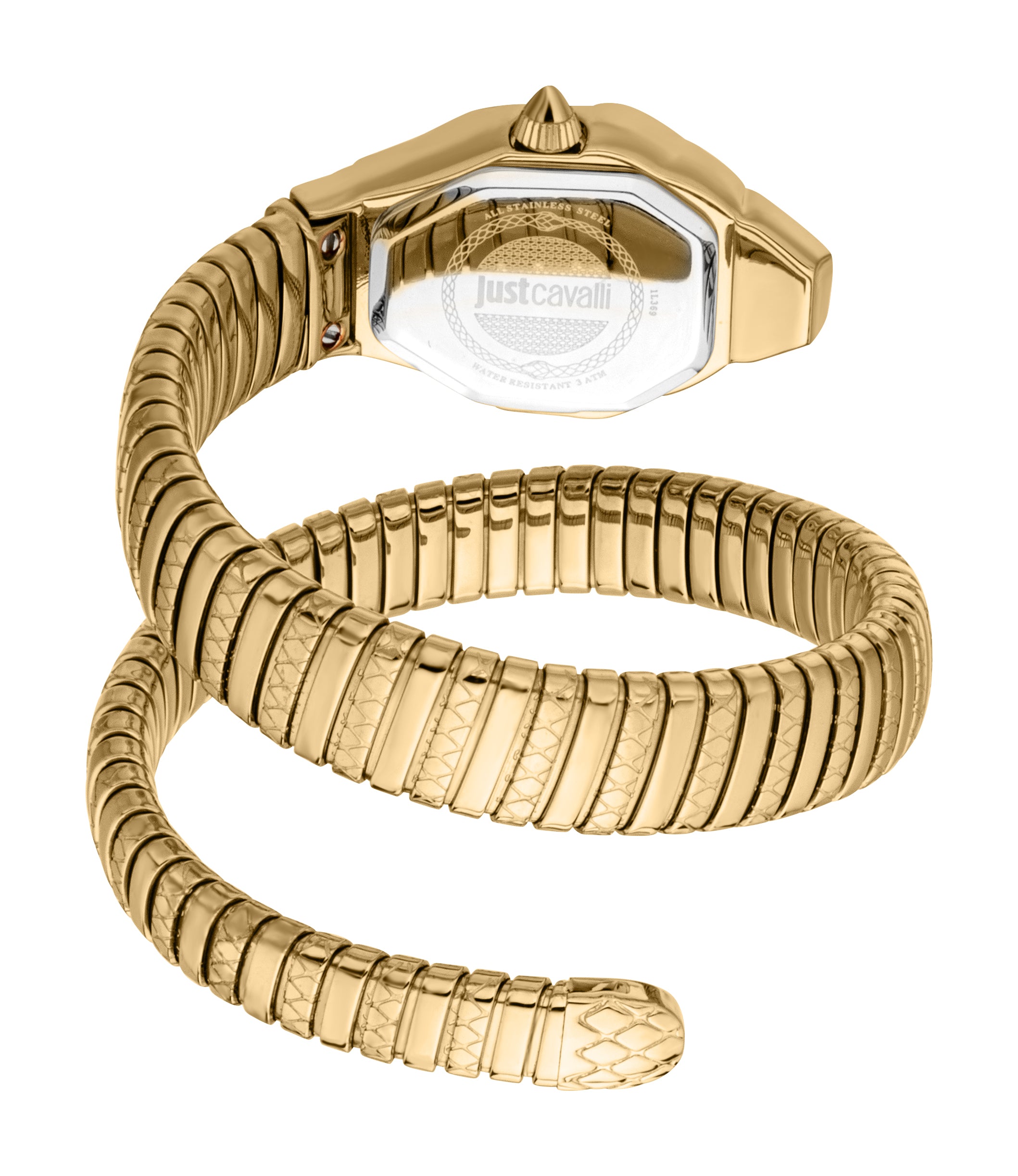 Gold-toned snake-shaped wrap-around watch. Octagonal case back, pointed crown. Bracelet has smooth and scale-textured segment
