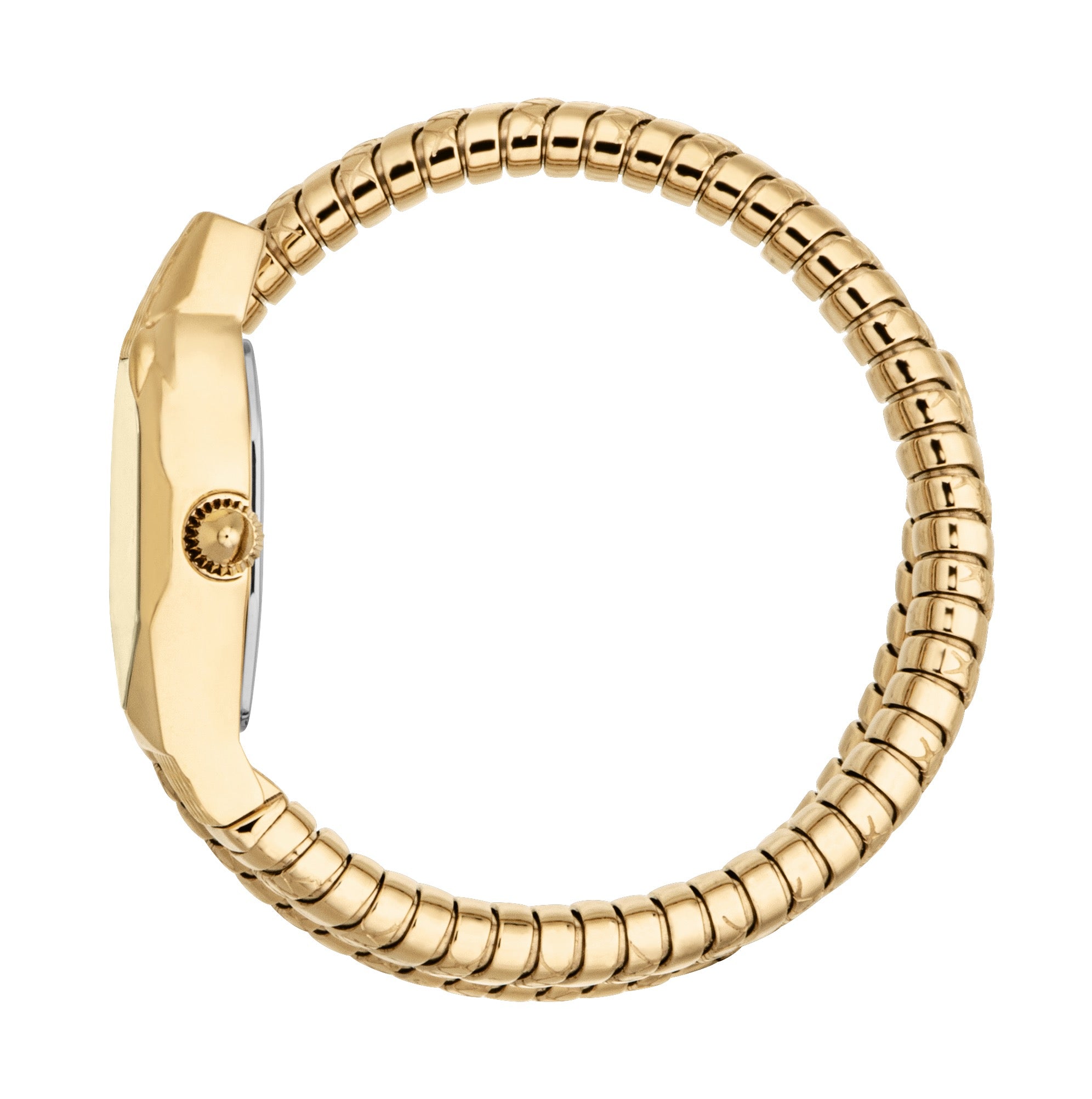 Gold-toned watch with a rectangular case and a flexible, coiled bracelet. Side view shows a textured crown and silver-toned c
