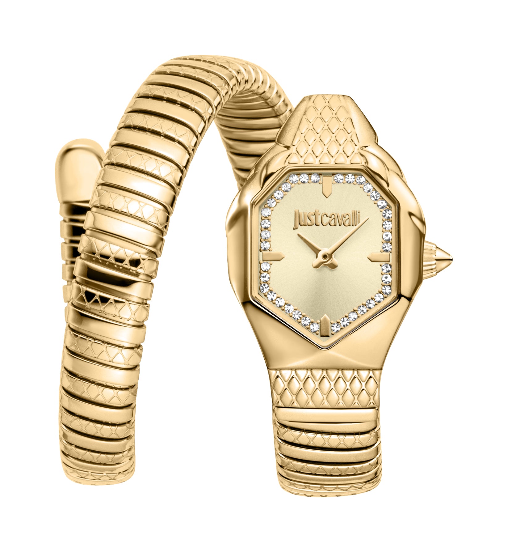 Just Cavalli women's gold-toned coiled bracelet watch with an octagonal champagne dial and crystal embellishments.
