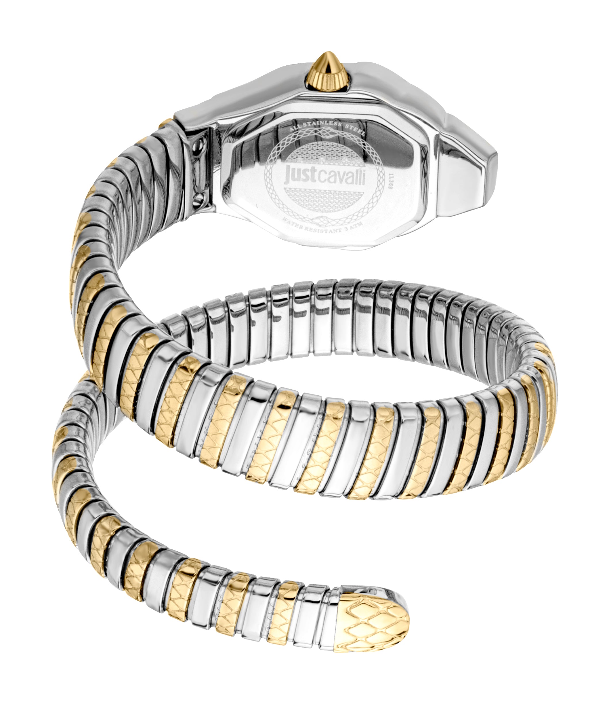 Silver-toned watch with gold-toned spiked crown. Coiled, two-tone silver-toned and gold-toned snake bracelet with scale textu