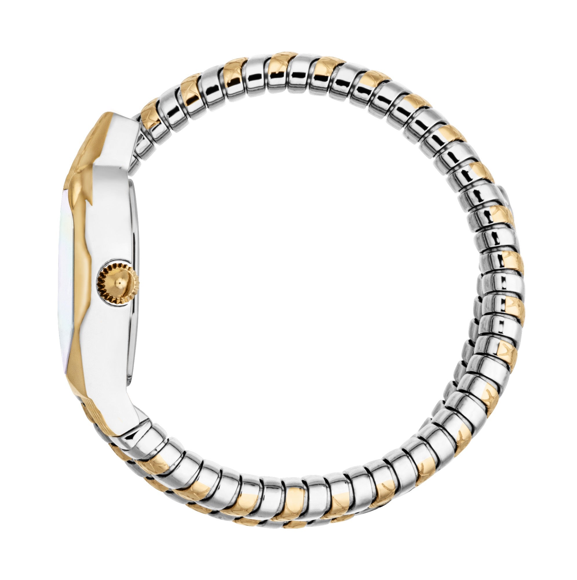 Silver-toned watch with gold-toned wavy case accents, gold-toned crown, Mother-of-Pearl dial, and two-tone coiled snake brace