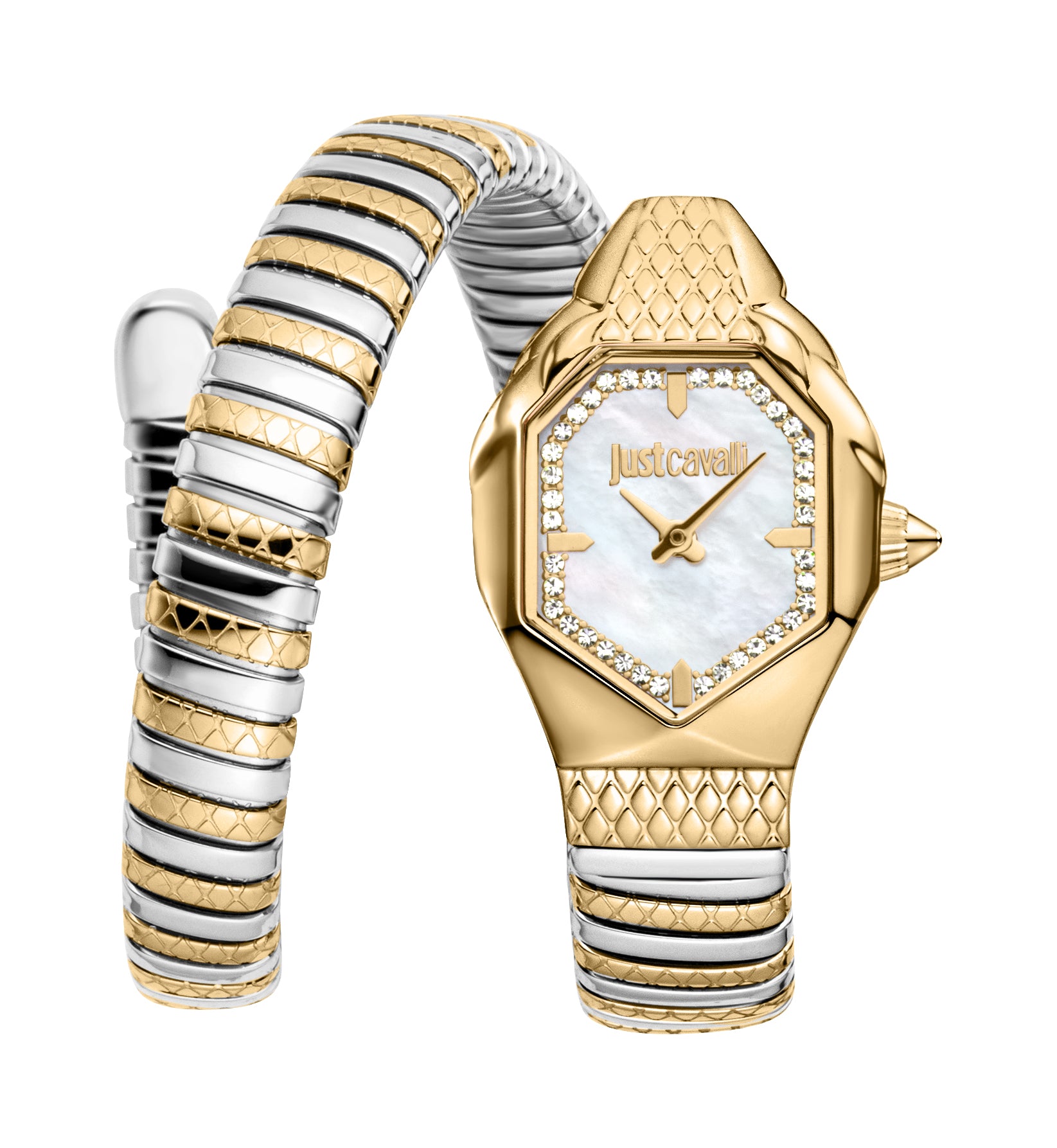 Yellow gold-toned and silver-toned Just Cavalli watch with an octagonal case, mother-of-pearl dial, and crystal-embellished b