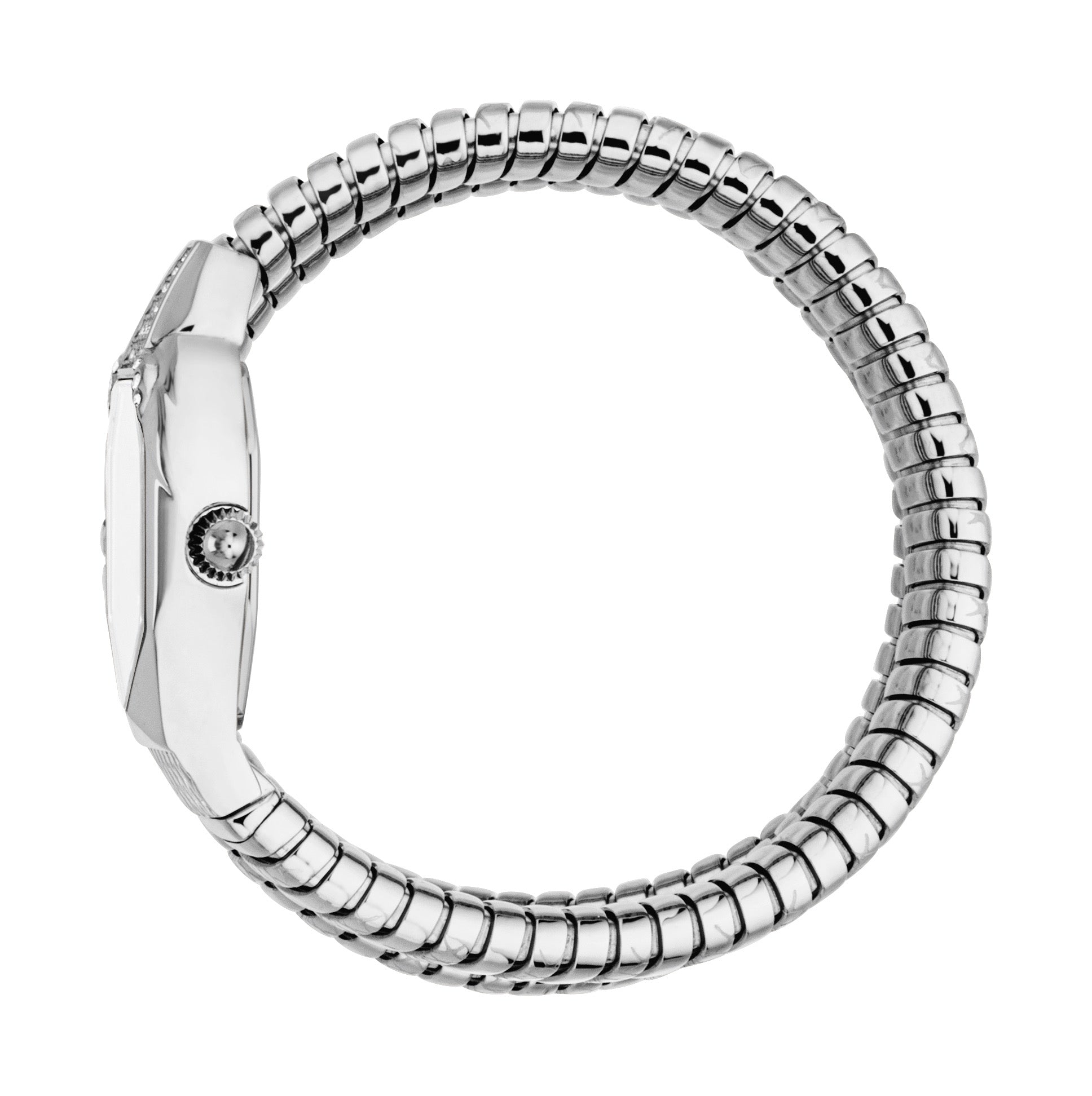 Silver-toned stainless steel watch with a flexible, coiled band. The watch case has a crown and small clear stones on one sid