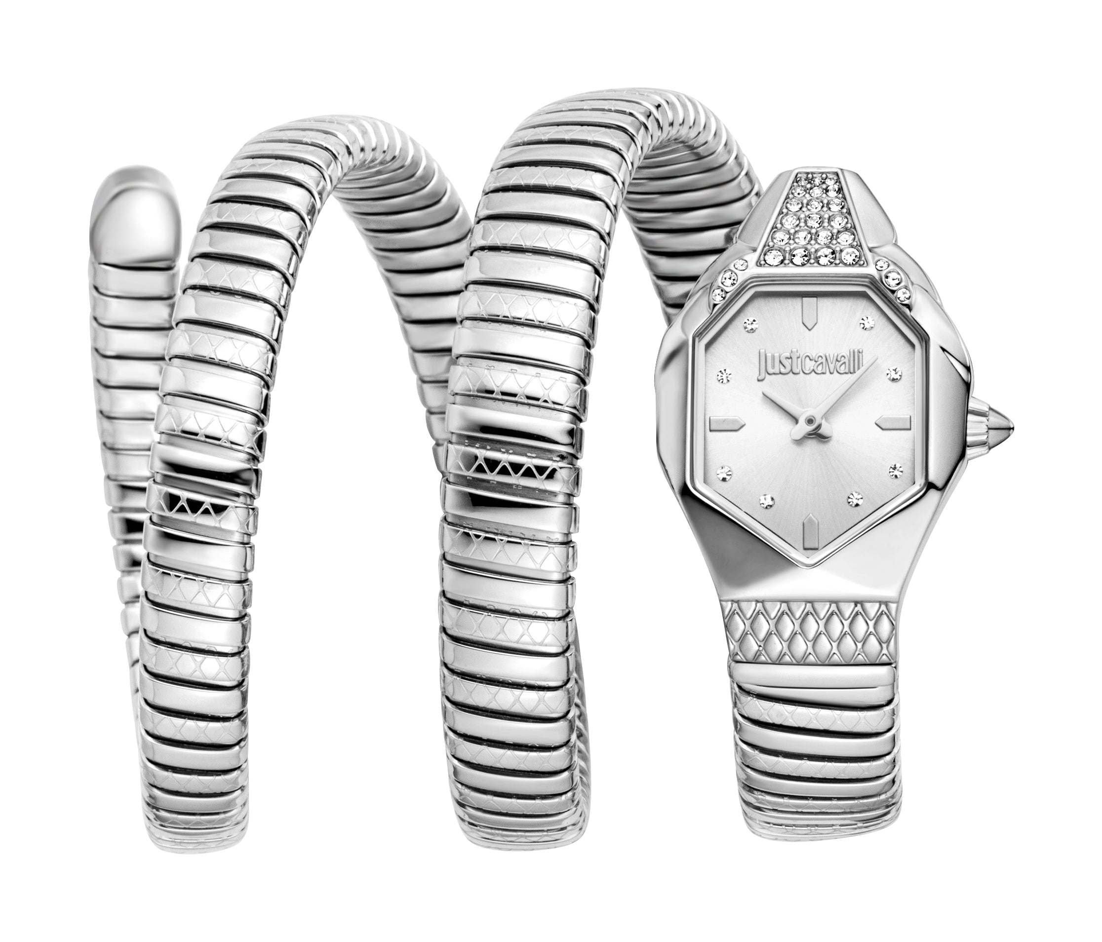 Silver-toned Just Cavalli women's watch with a coiled bracelet, octagonal case, and crystal-embellished bezel.