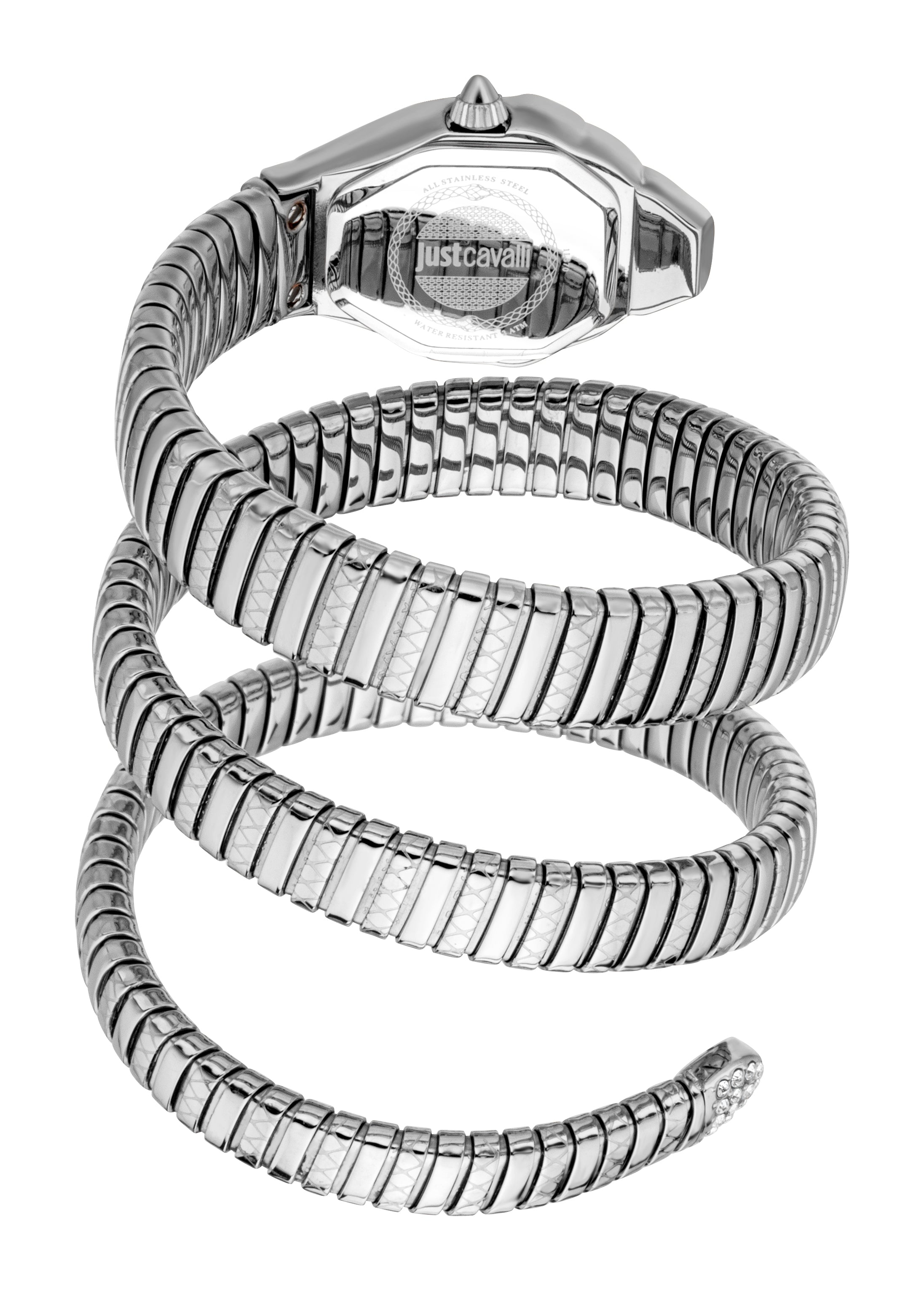Silver-toned watch with octagonal case back, conical crown, and a coiled snake-like bracelet with crystal-adorned end.