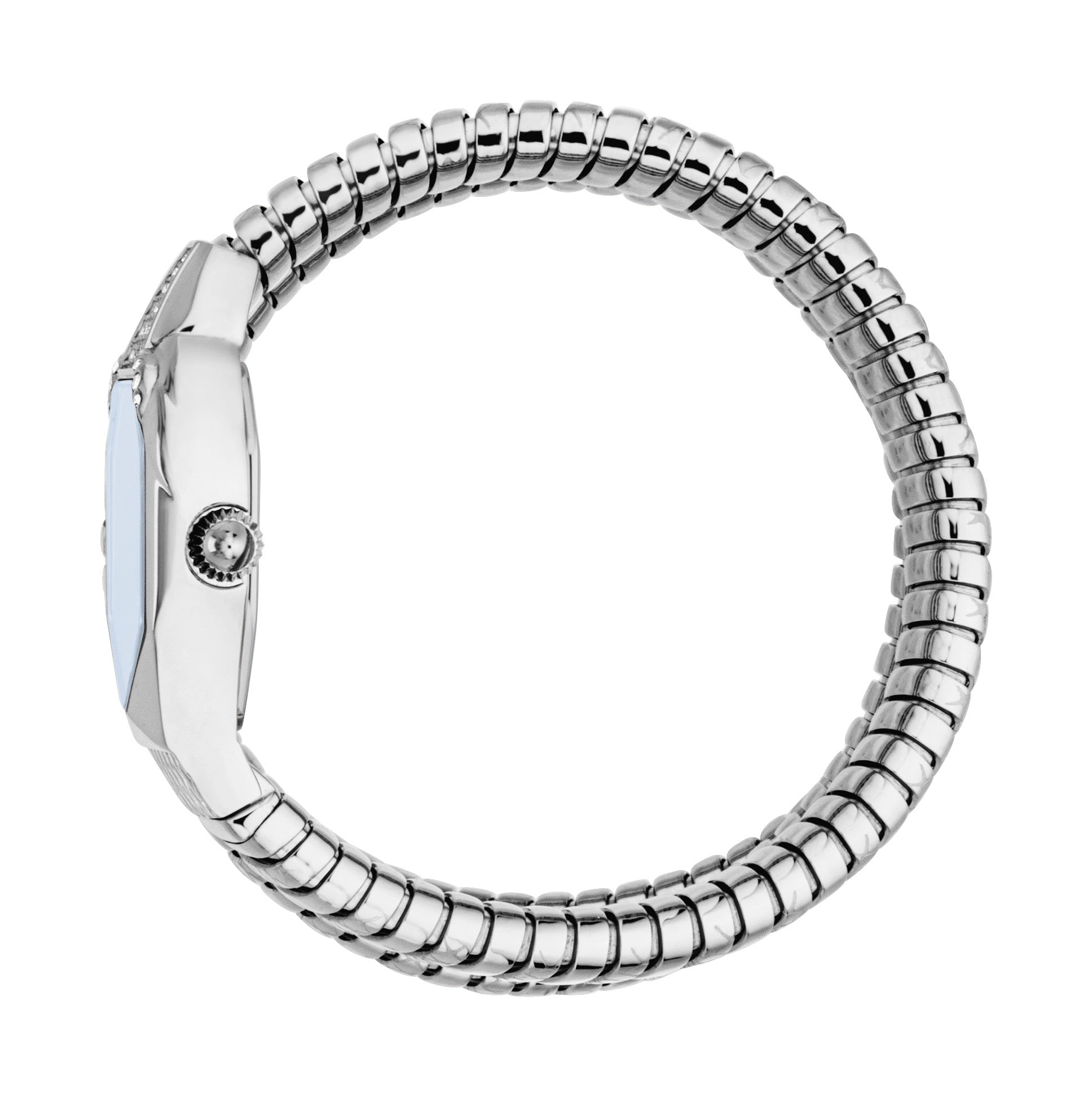 Silver-toned watch with a dark blue dial, rectangular case embellished with clear stones, and a flexible, coiled stainless st