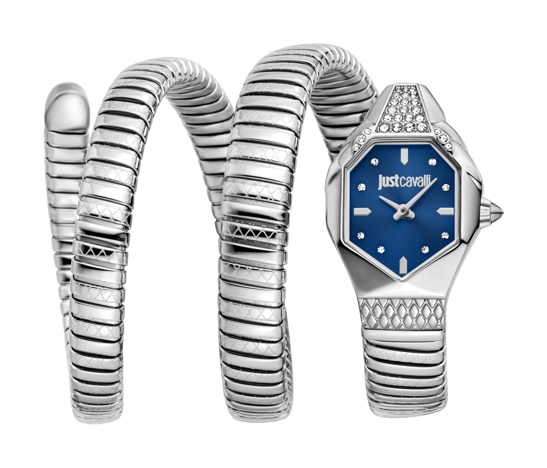 Just Cavalli women's watch with silver-toned coiled stainless steel bracelet, octagonal case, crystal-set bezel, and dark blu