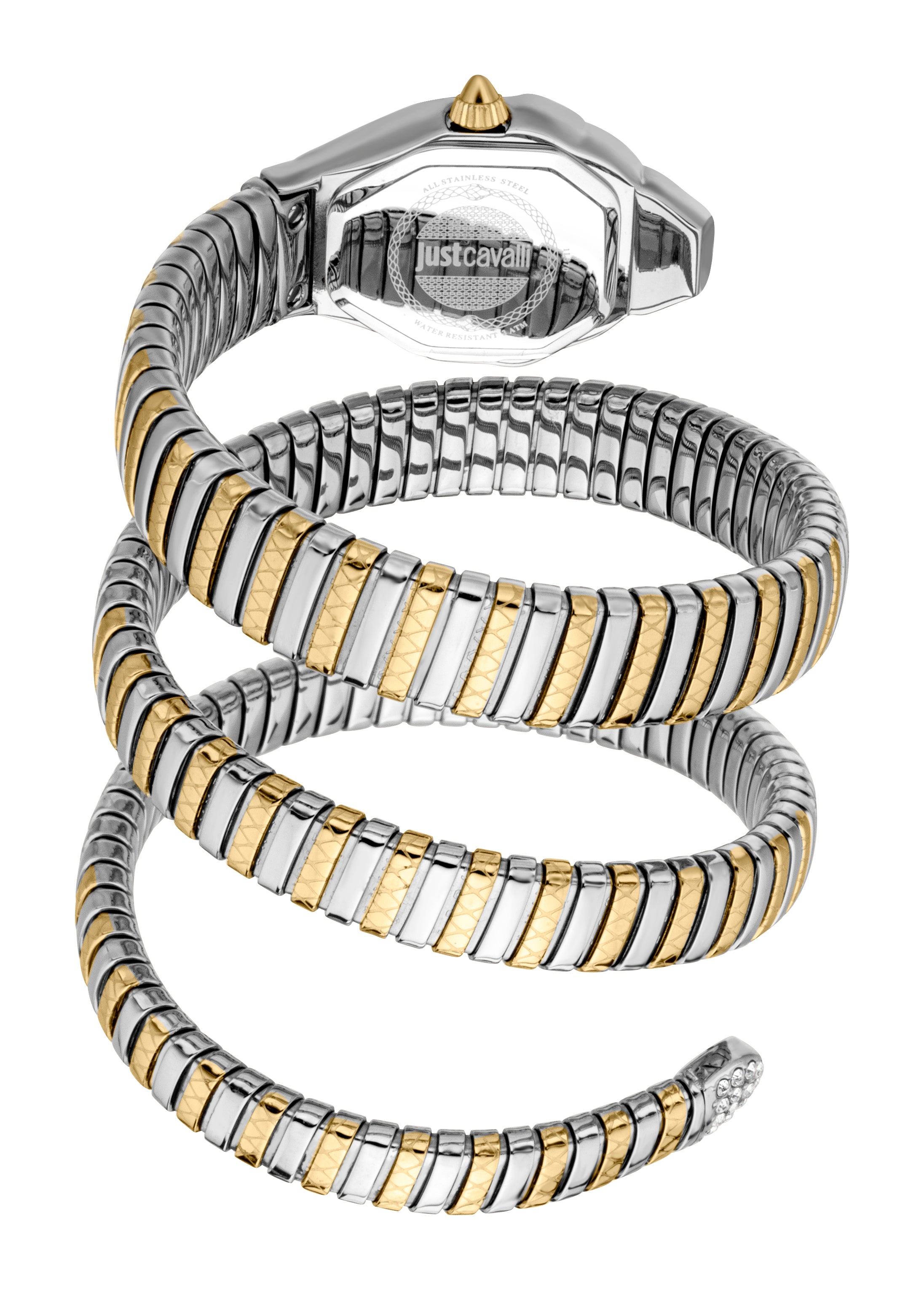 Two-tone silver-toned and gold-toned coiled watch. Bracelet has alternating smooth silver-toned and textured gold-toned segme