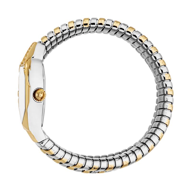Two-tone silver and gold-toned watch with a silver dial and a flexible coiled band alternating silver and gold-toned segments