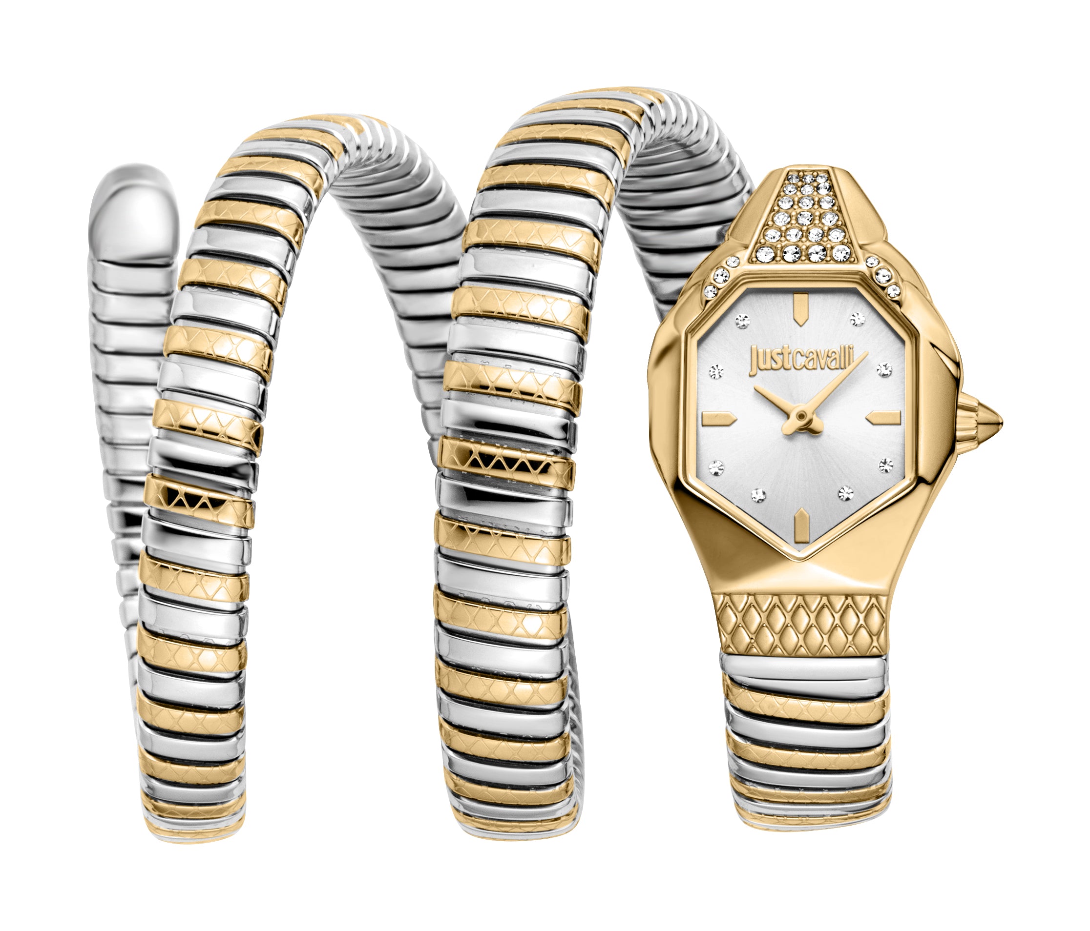 Just Cavalli women's watch with a silver and gold-toned coiled bracelet, gold-toned octagonal case, silver dial, and crystal