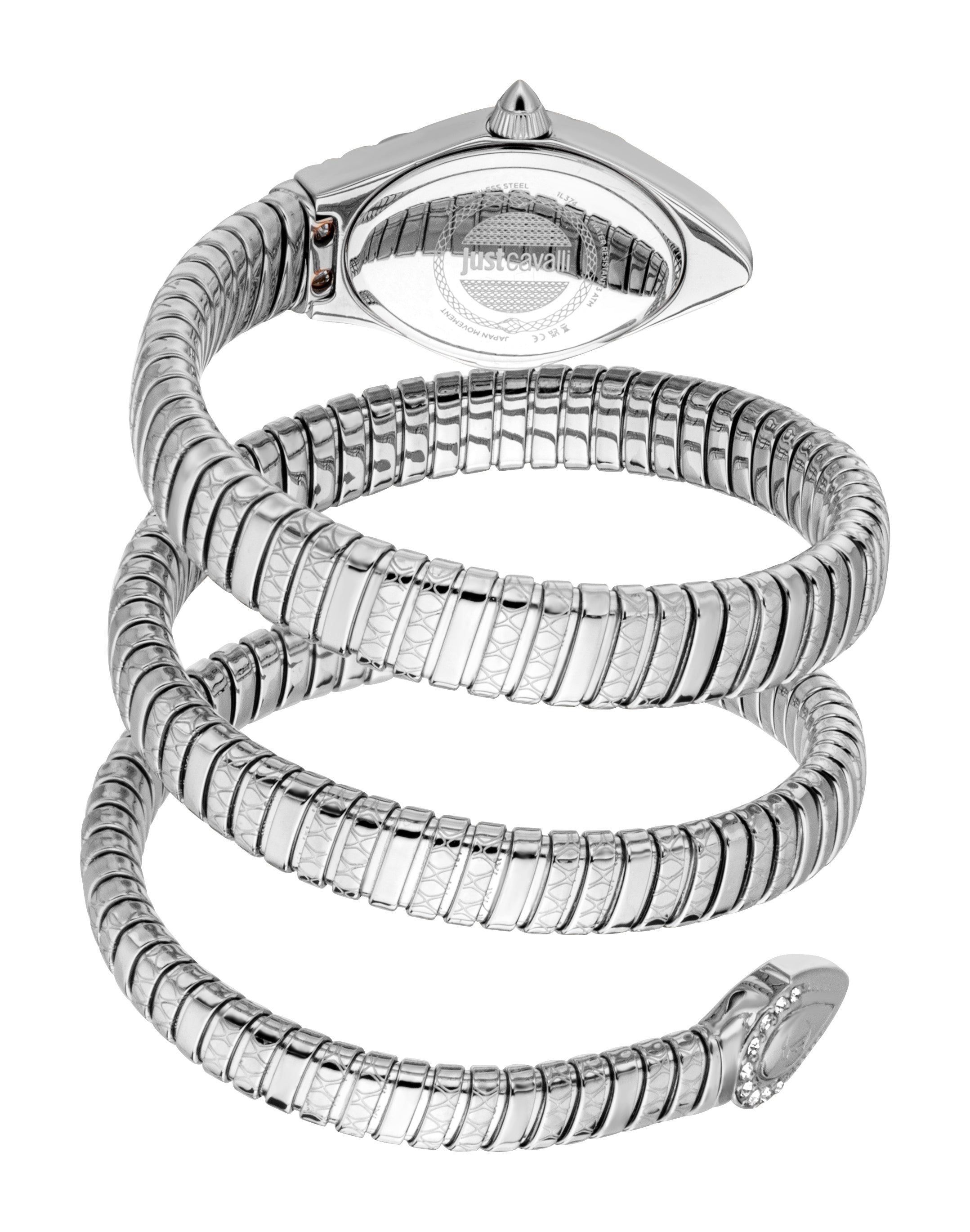 Silver-toned coiled snake-design watch with an oval case, pointed crown, and a textured segmented strap ending in a snake hea