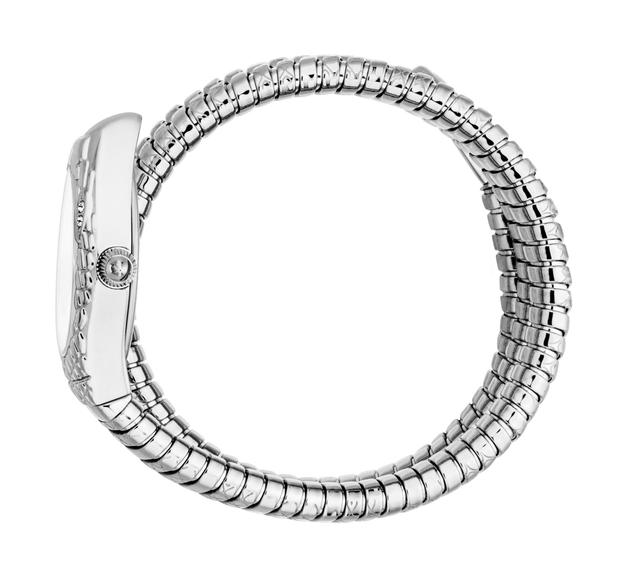 Silver-toned oval watch with a silver-toned dial, integrated into a coiled, flexible stainless steel band with a snake-like d