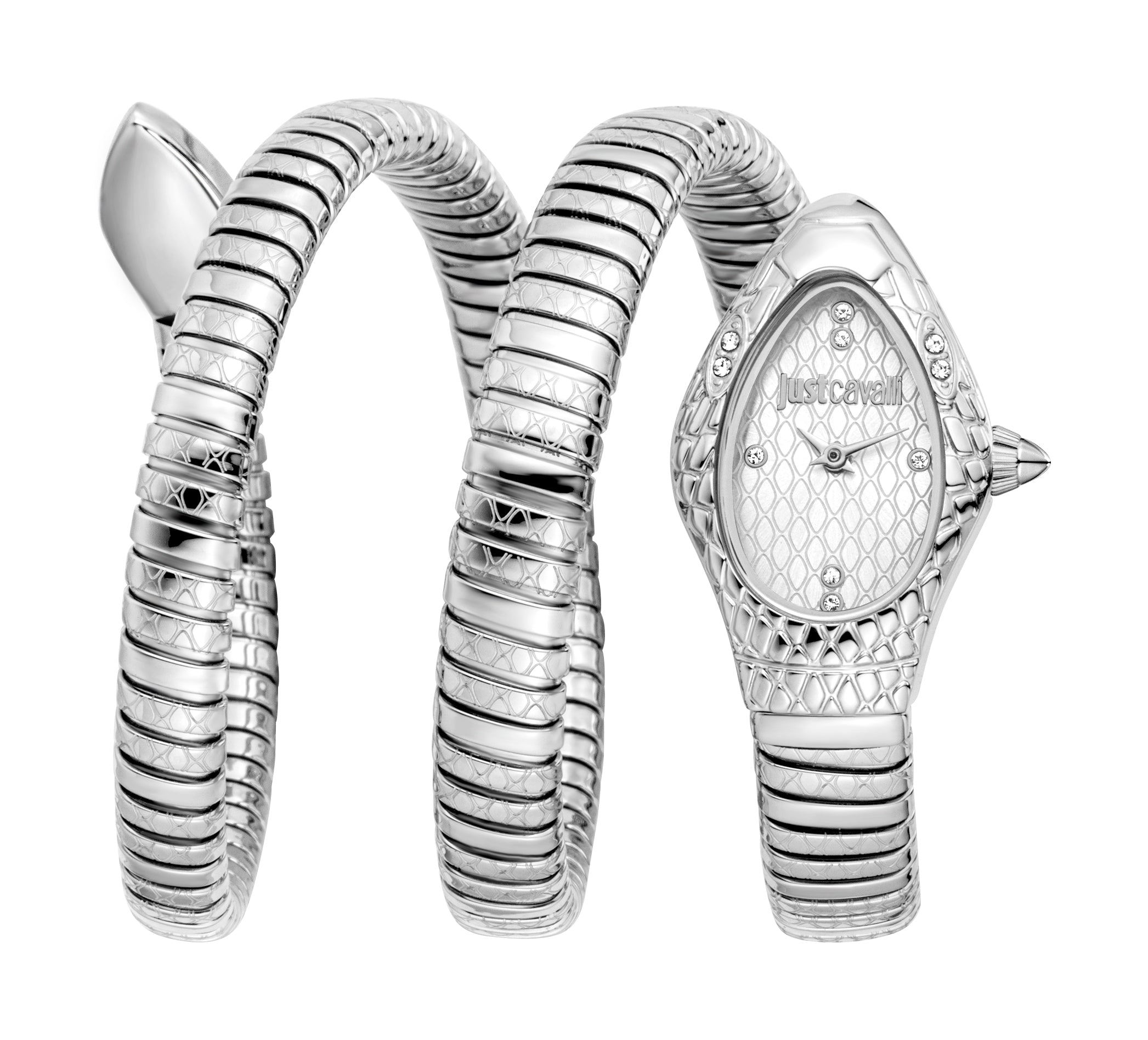 Silver-toned Just Cavalli women's watch with a snake-inspired coiled stainless steel bracelet and an oval dial with crystal m