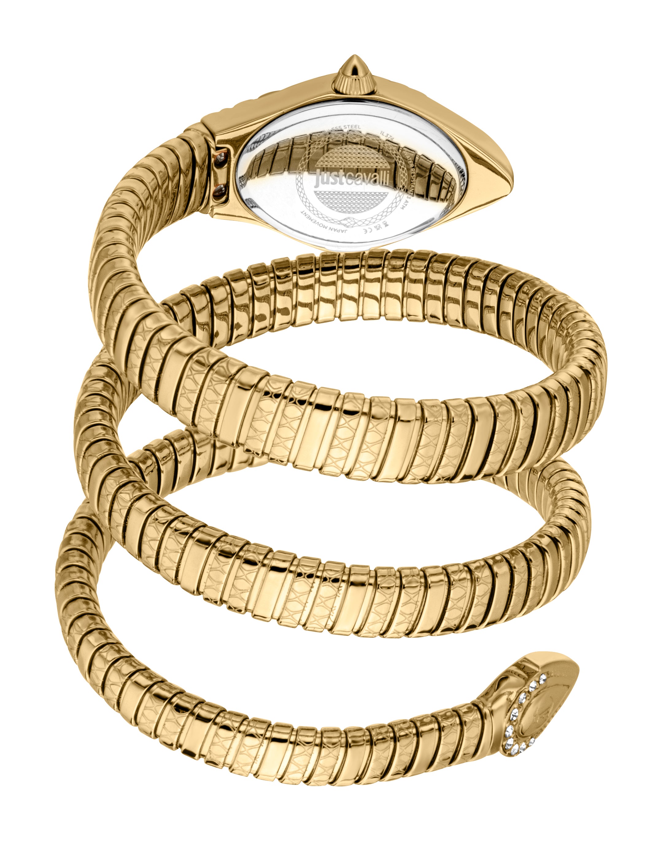 Gold-toned snake-shaped watch with a textured coiled metal strap. The watch head has a pointed crown, and the tail end featur