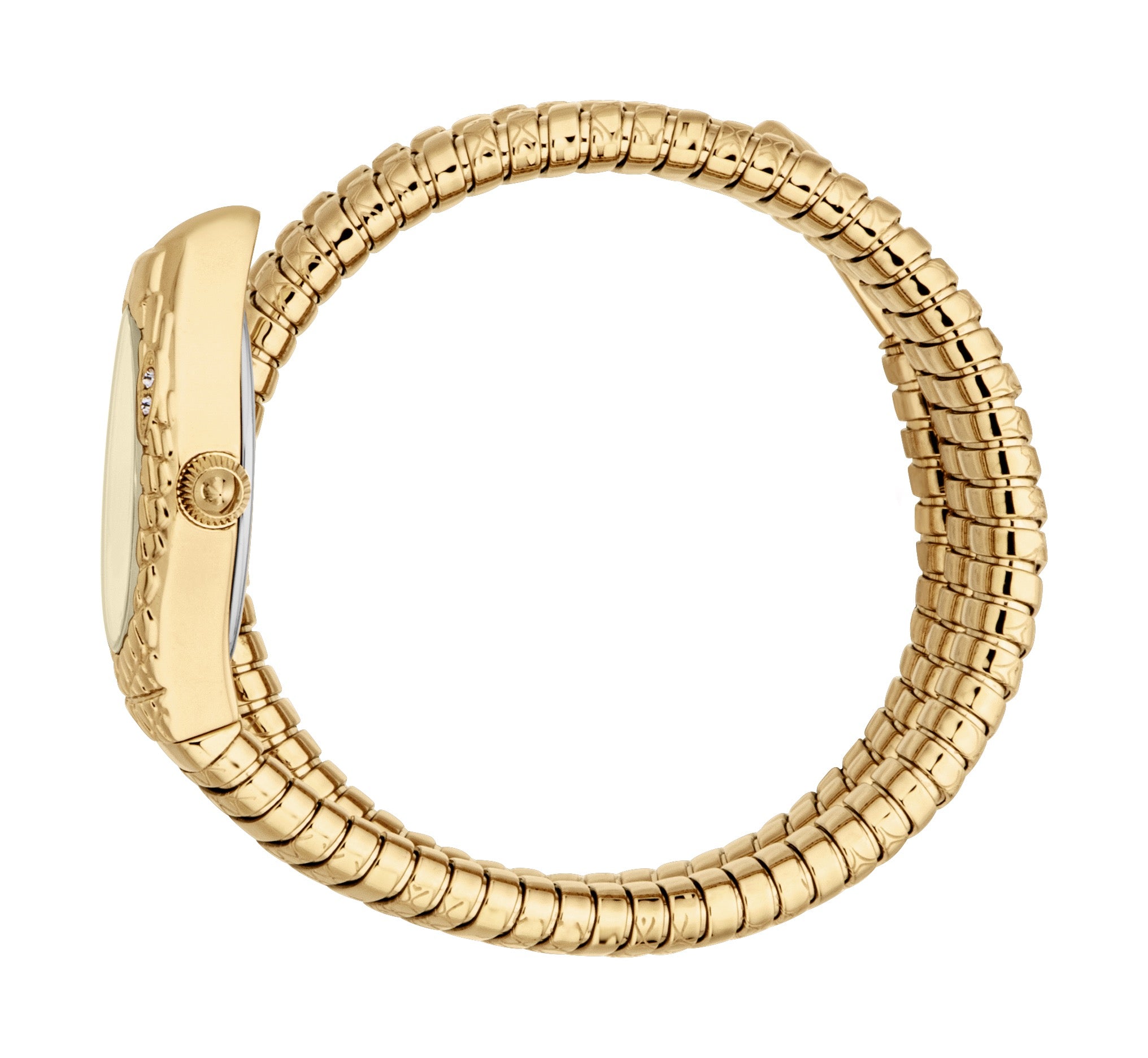 Gold-toned watch with a textured, scale-like case and band. It features a champagne dial, small clear stones, and a textured