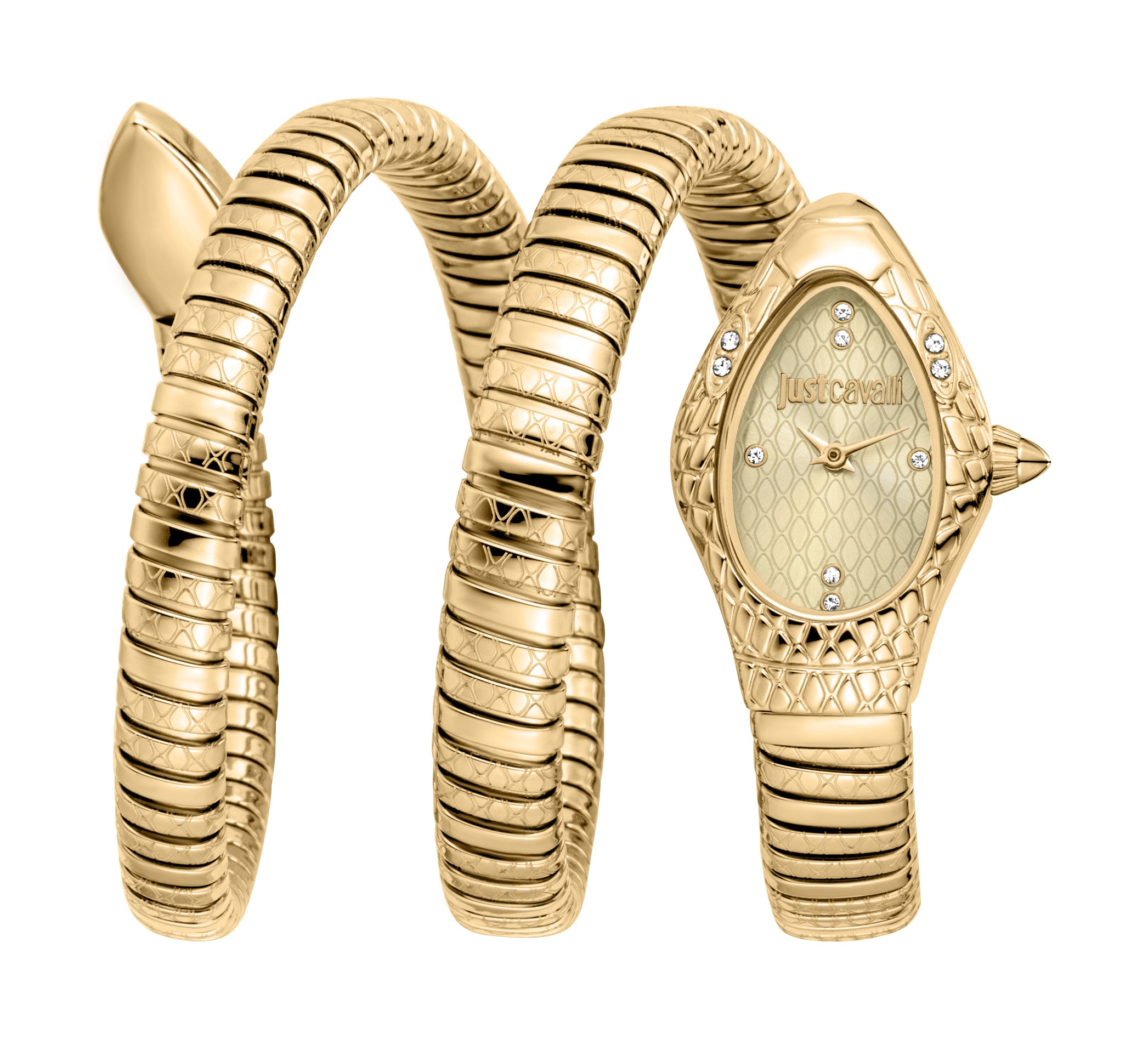 Gold-toned Just Cavalli women's watch with a coiled snake-shaped bracelet, embellished case, and champagne dial.