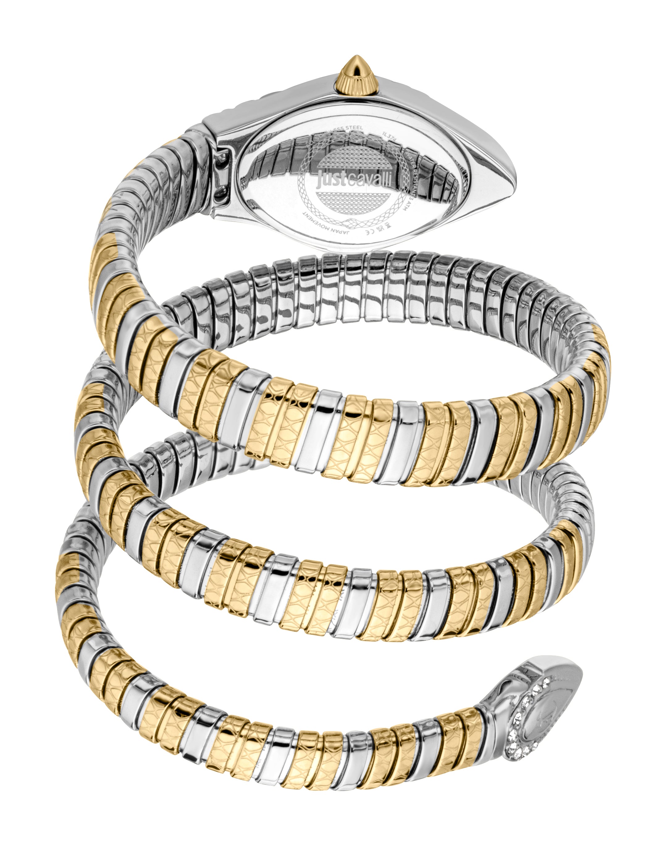 Silver-toned watch with gold-toned crown. Coiled two-tone silver-toned and textured gold-toned band. Tail has clear stones.