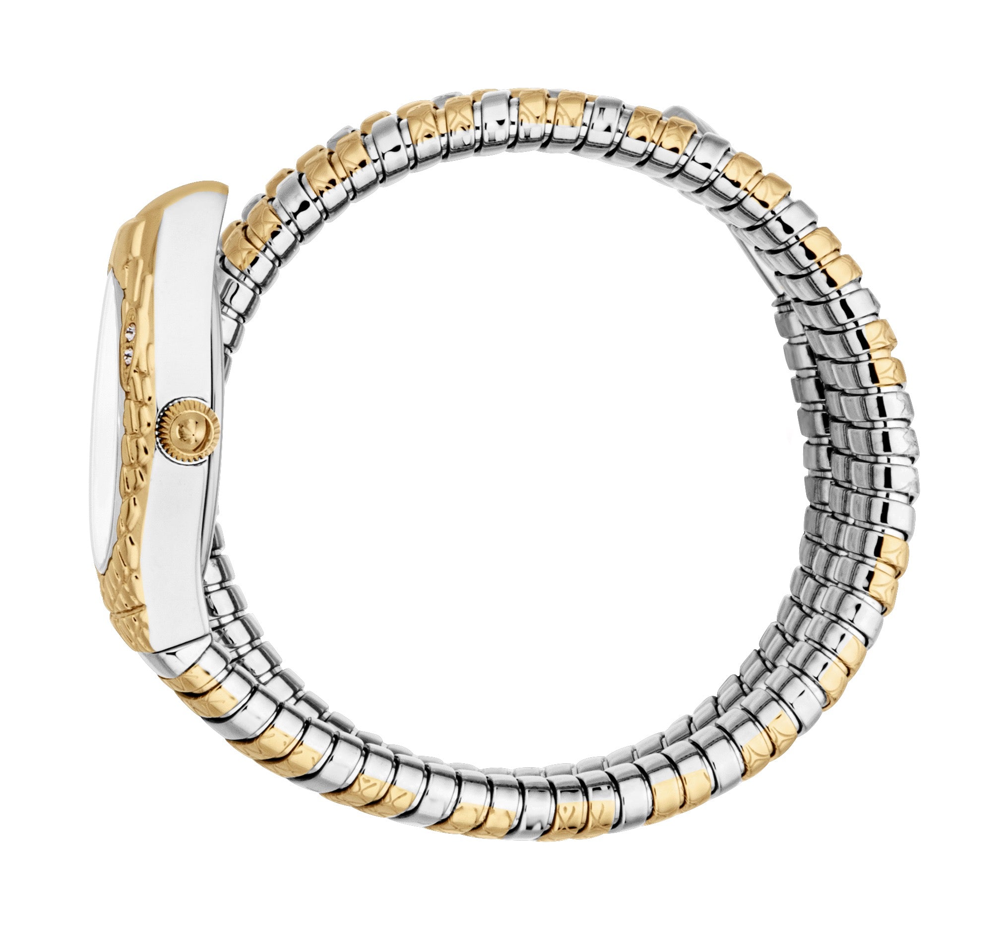 Two-tone silver-toned and gold-toned coiled watch with a silver-toned case, gold-toned textured bezel with small stones, silv