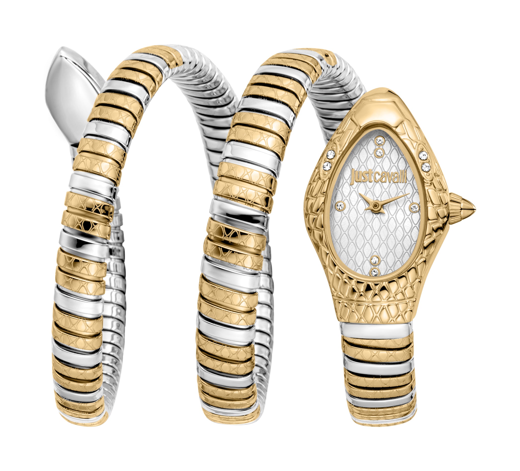 Just Cavalli women's watch with a gold-toned snake-head case and a two-tone silver and gold-toned coiled bracelet.