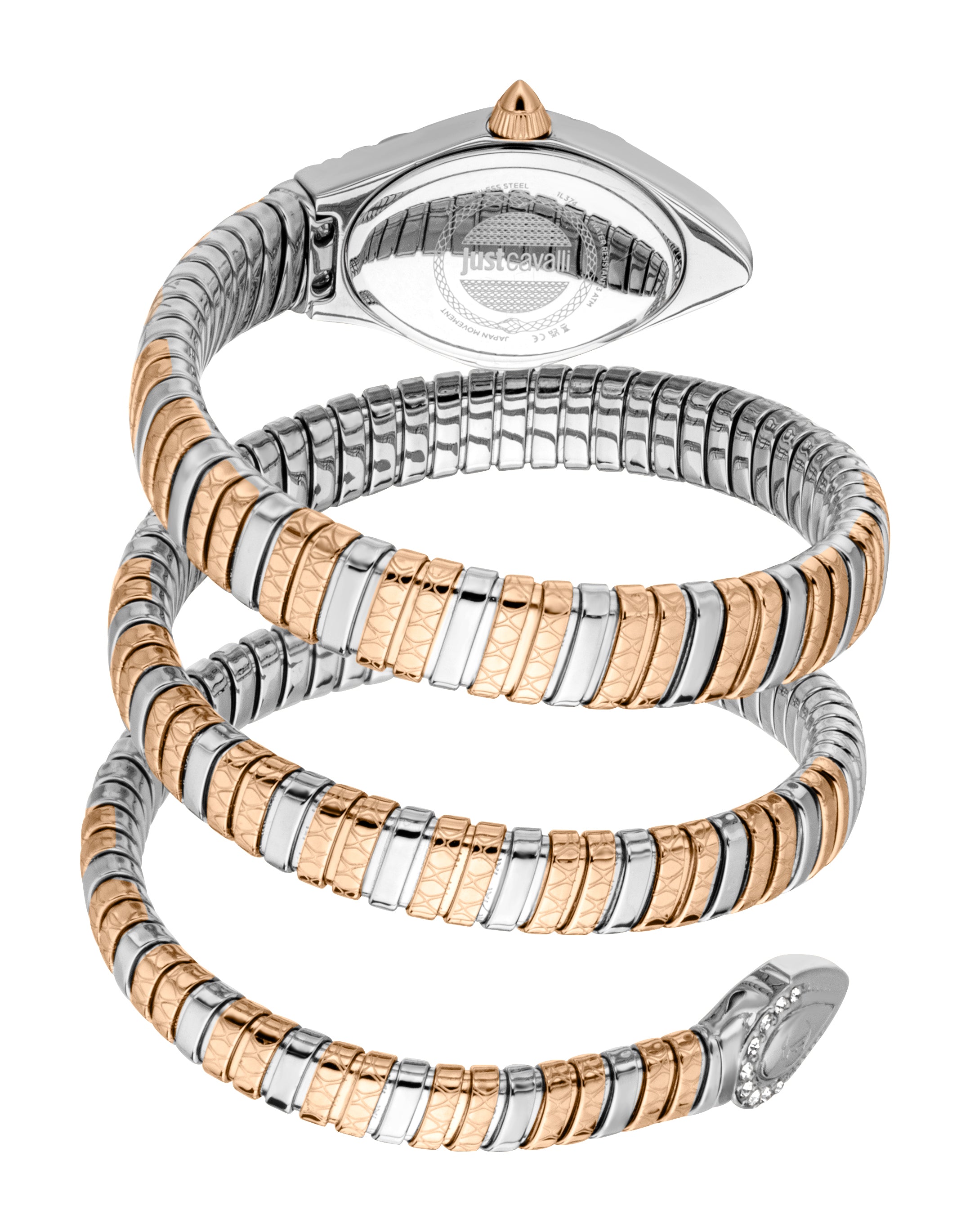 Snake-coil watch with rose-gold-toned crown. Two-tone band with silver-toned and textured rose-gold, clear stones at tip.