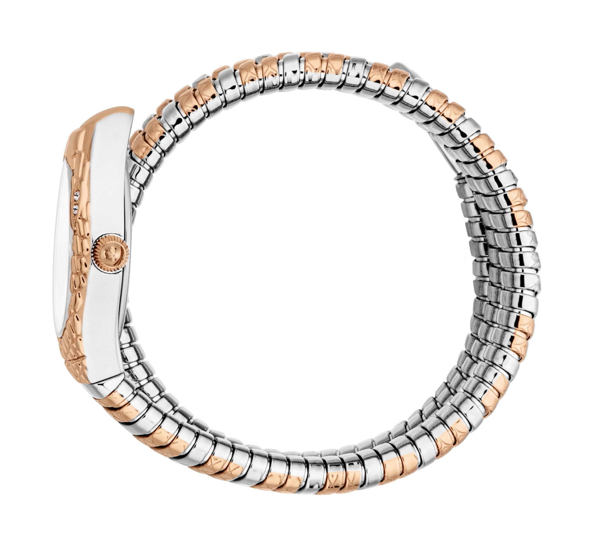 Watch with silver-toned case, rose-gold-toned textured side with crystals, silver dial, and two-tone silver-toned and rose-go