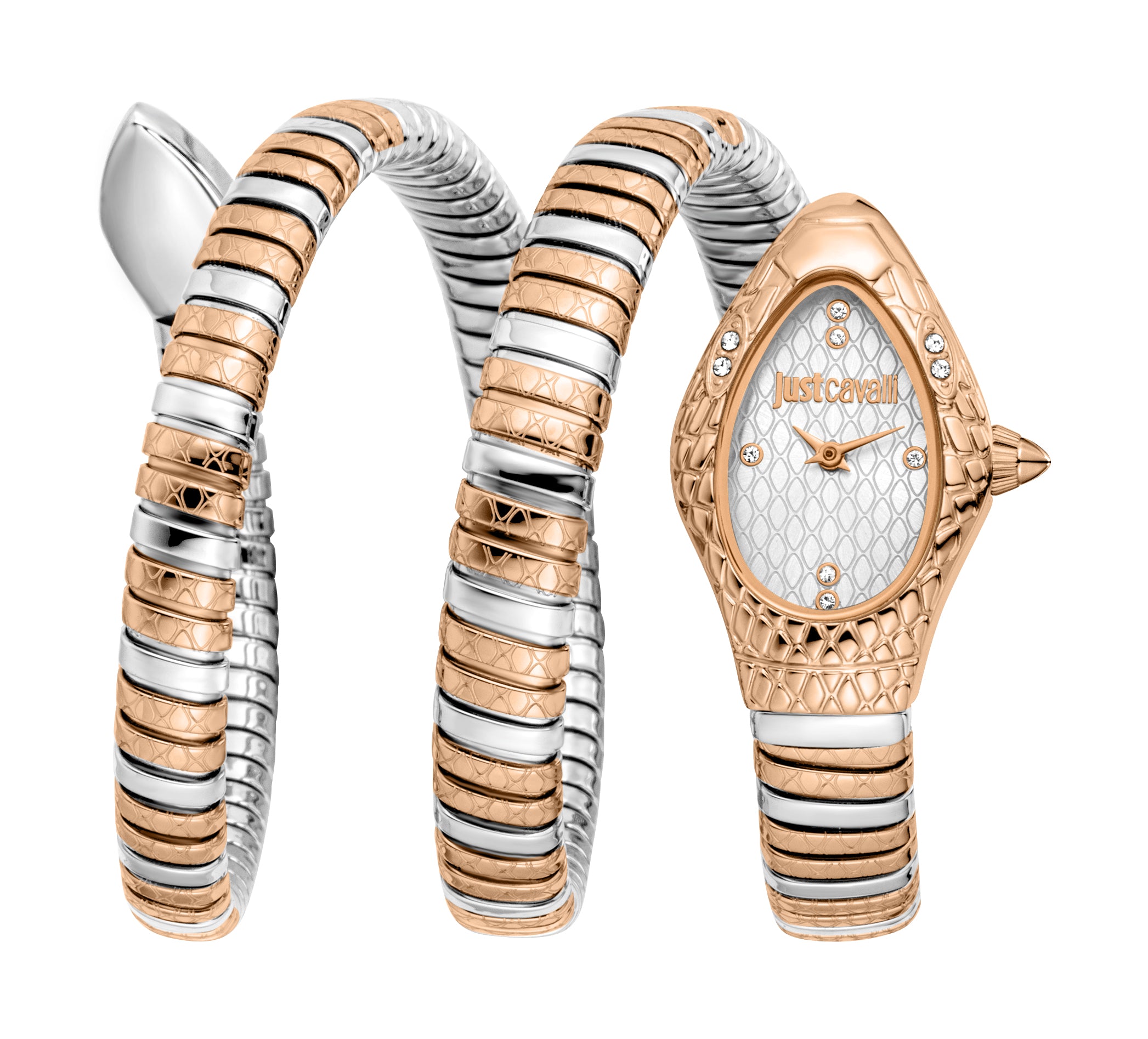 Just Cavalli women's watch with a rose gold-toned snake-head case and a two-tone rose gold and silver-toned coiled bracelet.