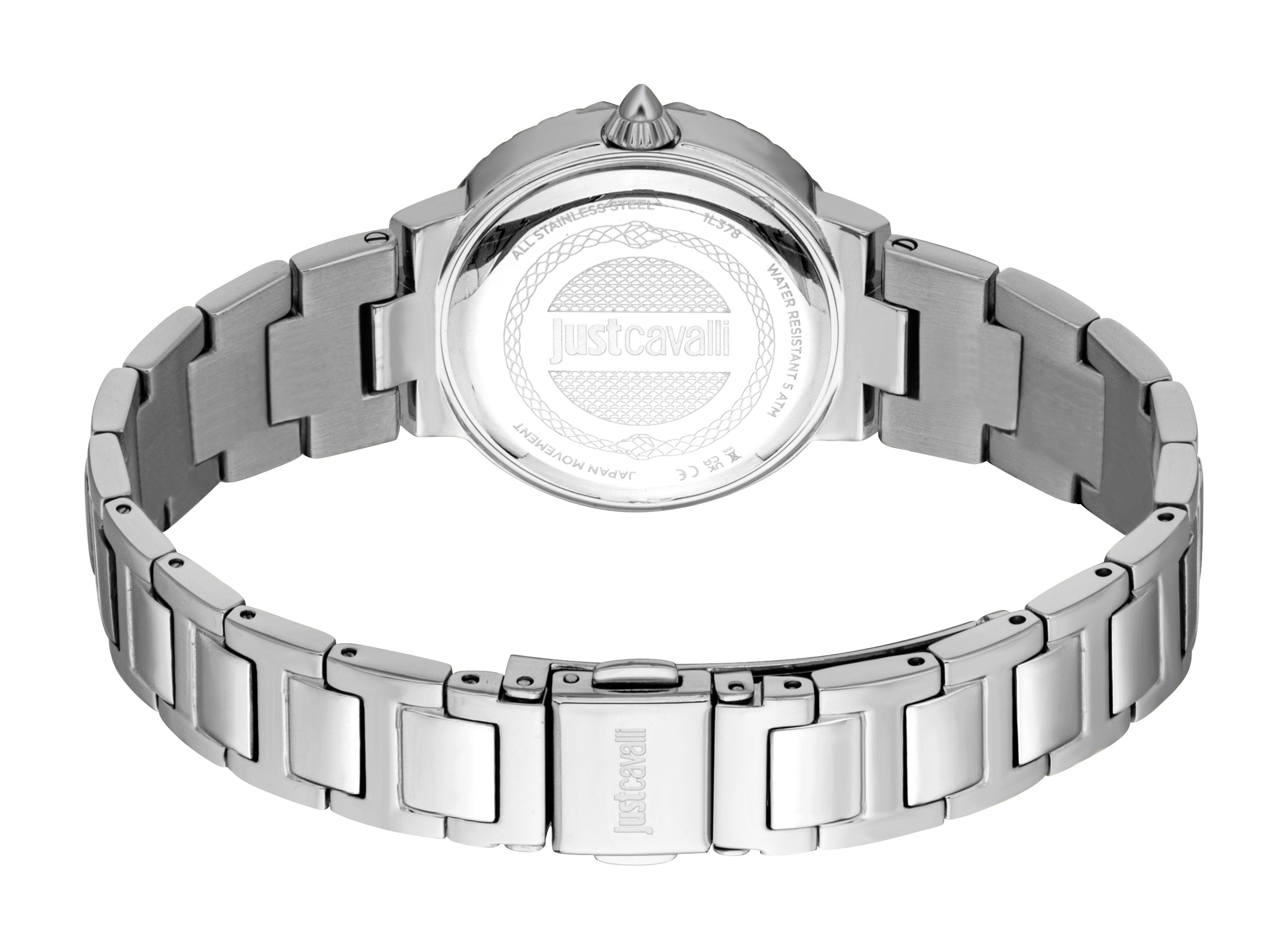 Silver-toned women's watch with a round case, engraved back, and a metal link bracelet with a branded clasp.