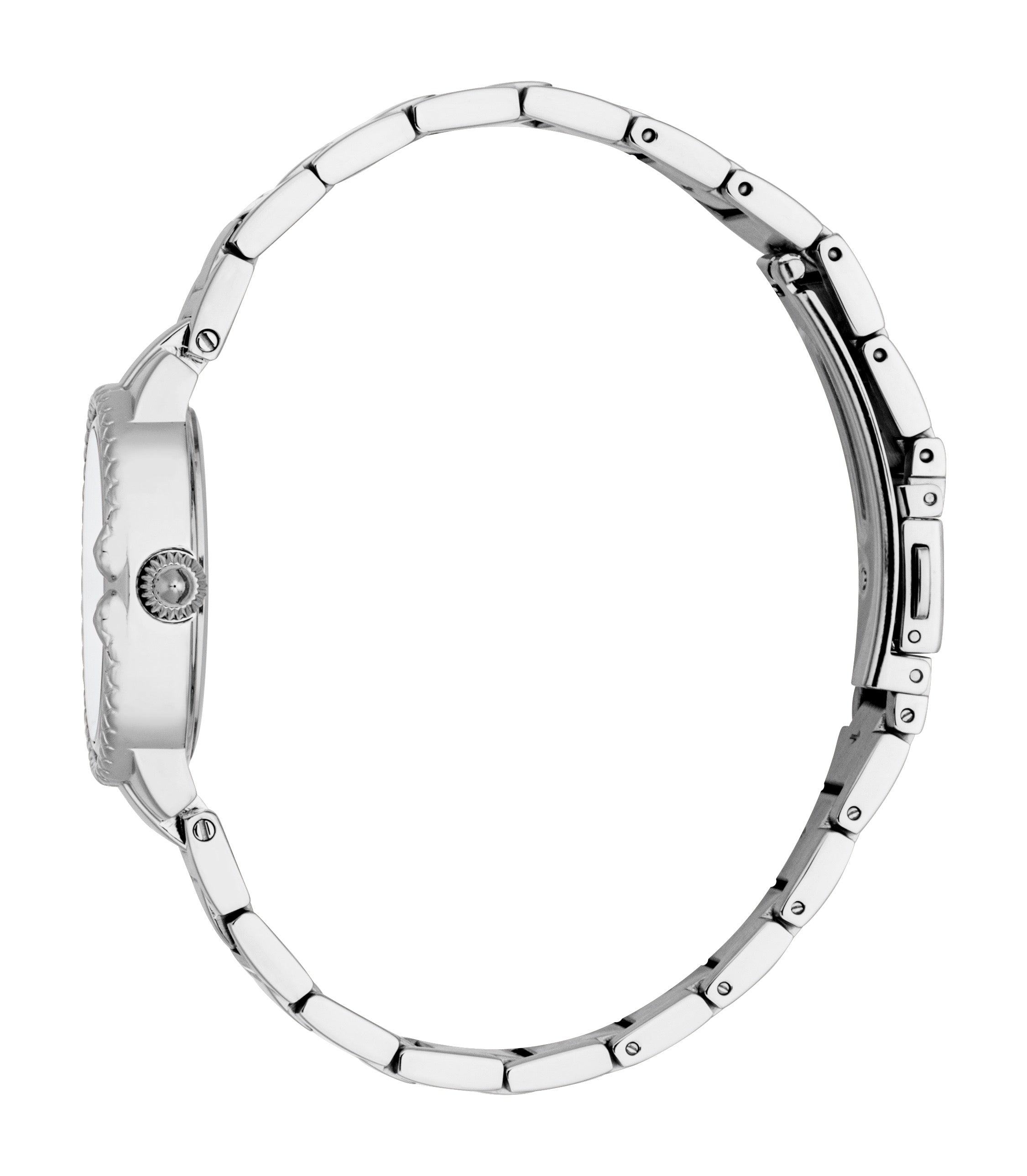 Silver-toned women's watch with a textured bezel, ridged crown, and a metal link bracelet featuring a folding clasp.