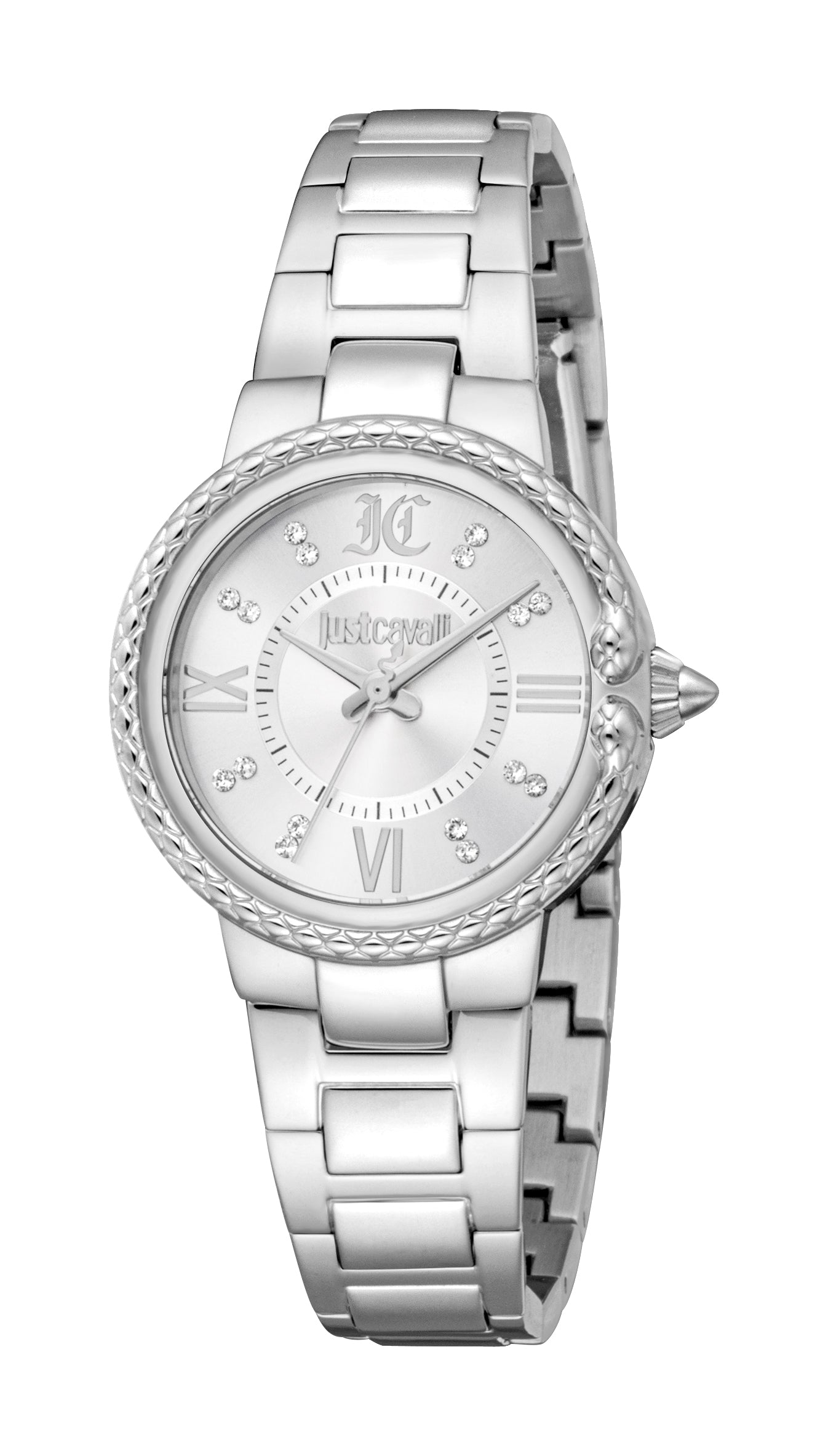 Silver-toned JUST CAVALLI women's analogue watch with a round case, link bracelet, crystal hour markers, and textured bezel.