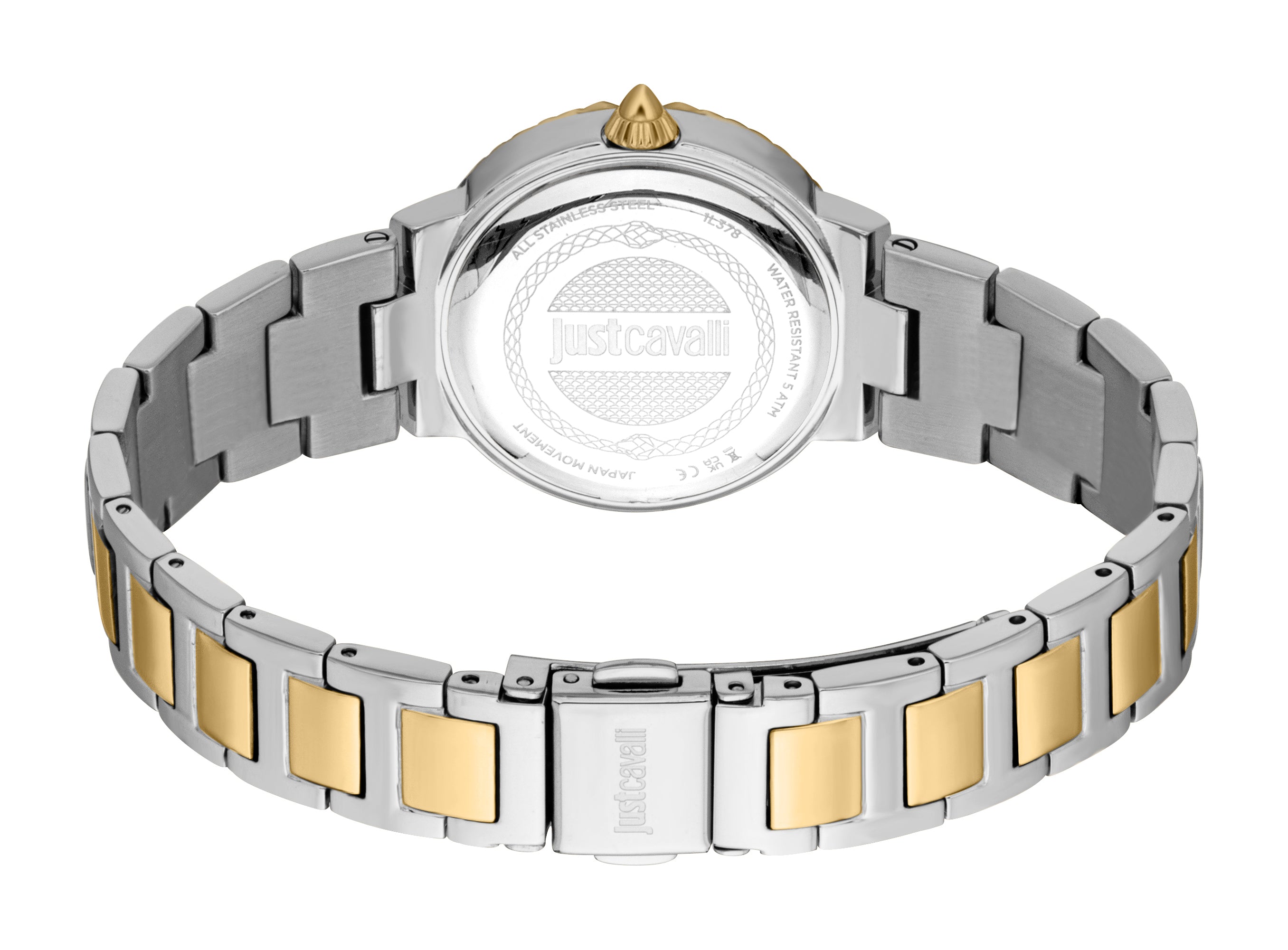 Women's watch with silver-toned case and gold-toned crown. Two-tone metal bracelet has silver-toned outer links and gold-tone