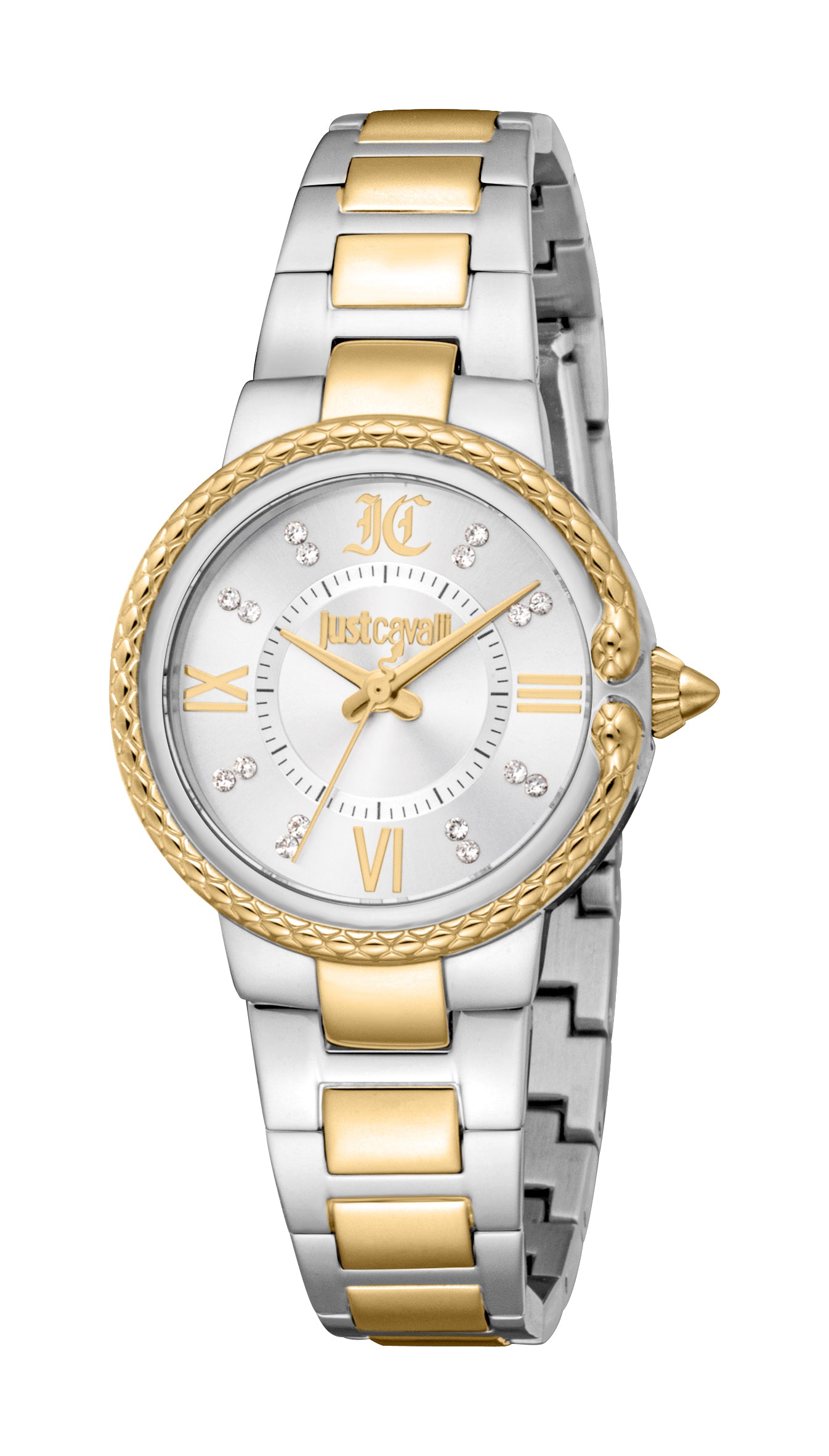 Just Cavalli women's watch with silver and gold-toned link bracelet, silver dial, gold Roman numerals, and a gold snake-textu
