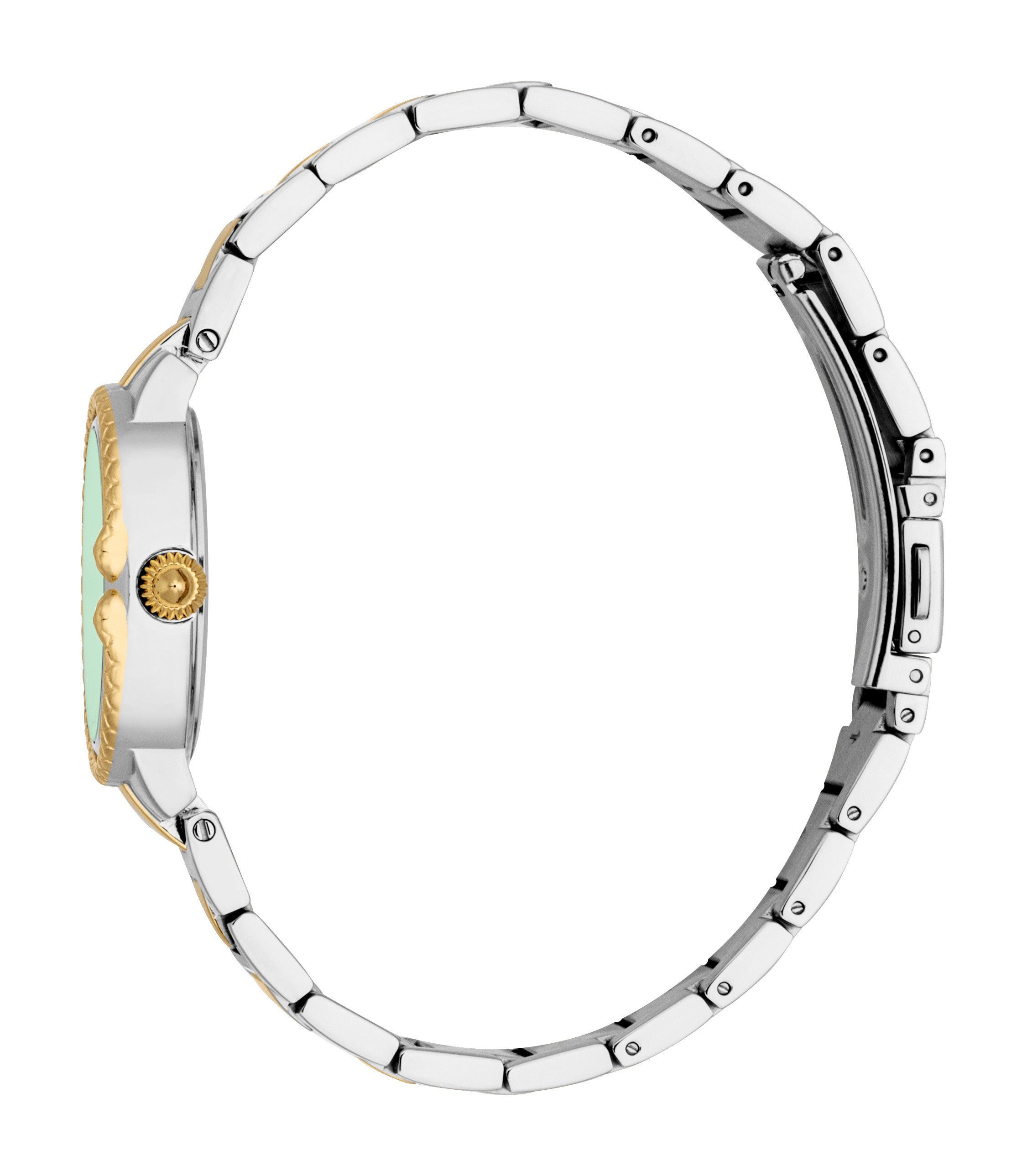 Two-tone silver and gold-toned watch with a round case, textured gold-toned bezel, mint green dial, and metal link bracelet.