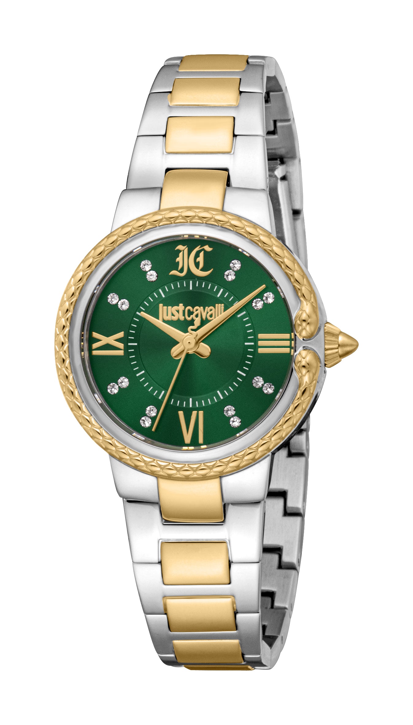 Just Cavalli women's two-tone silver and gold-toned watch with a green sunray dial and crystal hour markers.